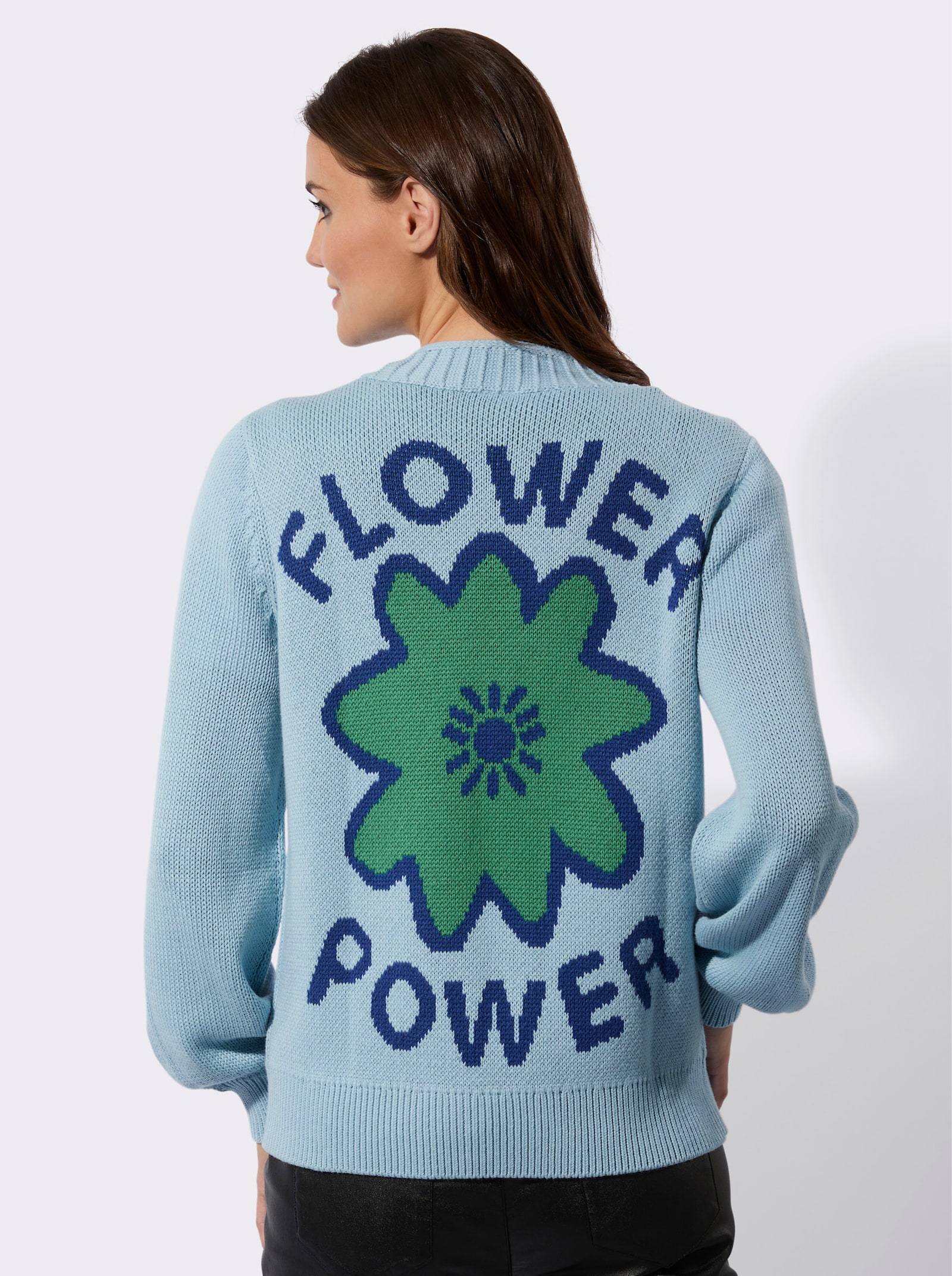 Strickjacke mit Flower Power-Motiv - eisblau