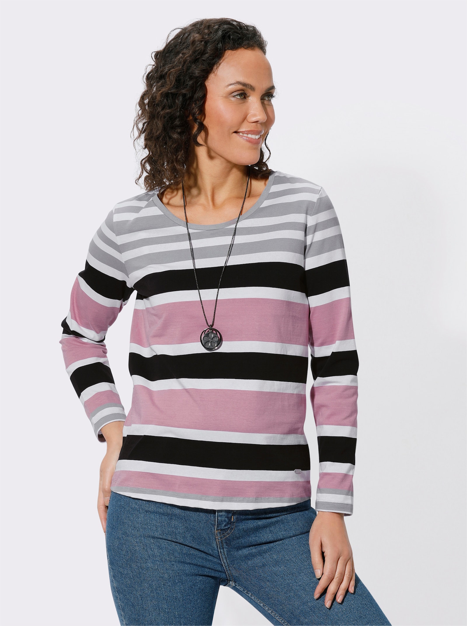 Gestreept shirt van puur katoen - steengrijs/oudroze gestreept