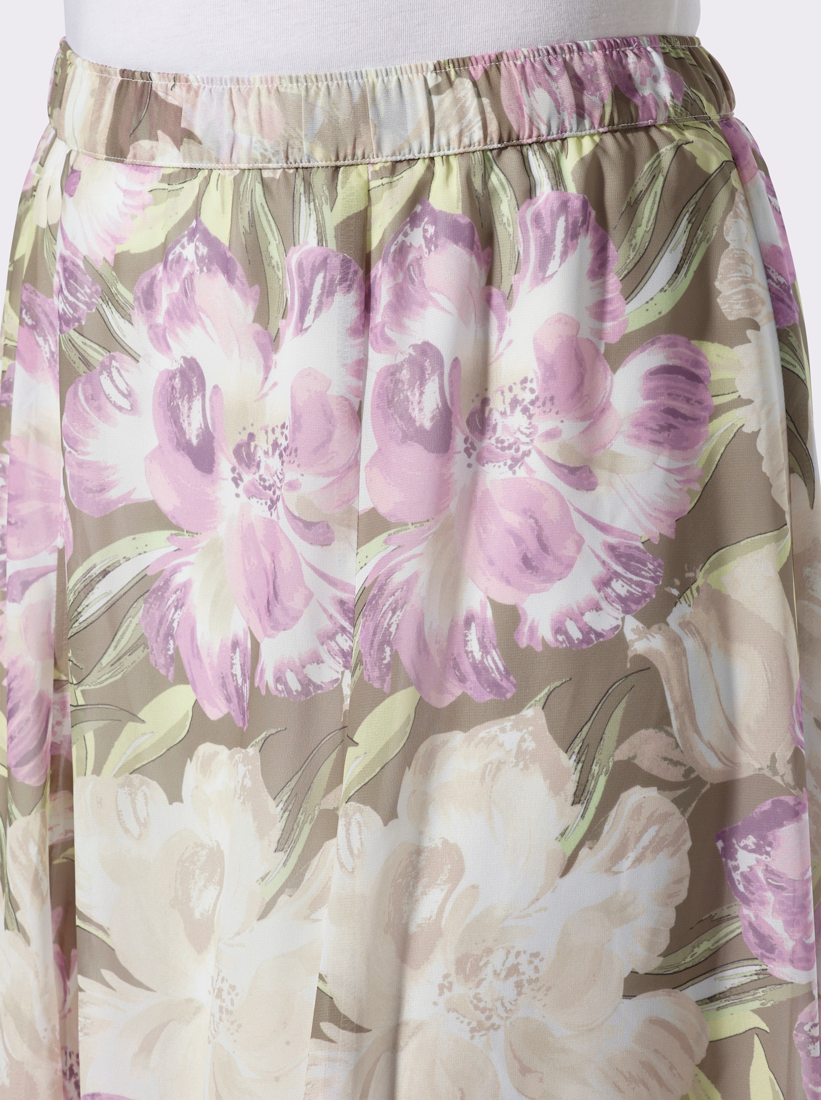 Vådskuren kjol i georgette - pistasch-orkidé-med tryck