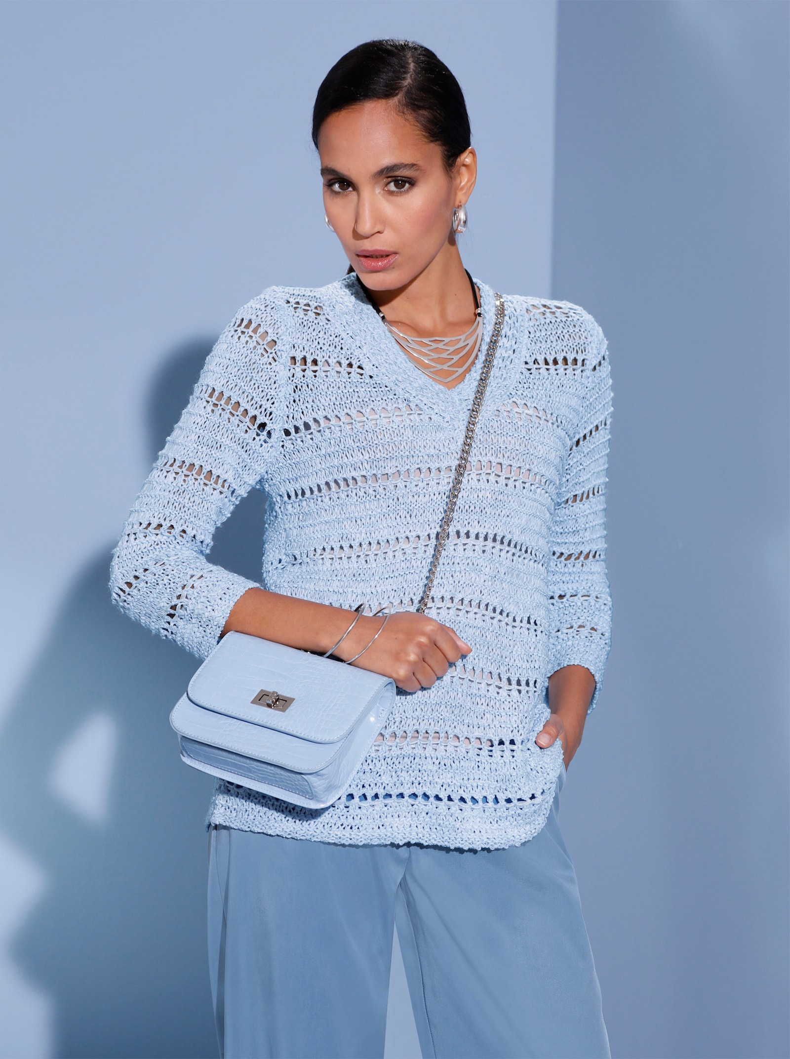 3/4 Arm-Pullover im Strickmuster-Mix - hellblau-ecru-meliert