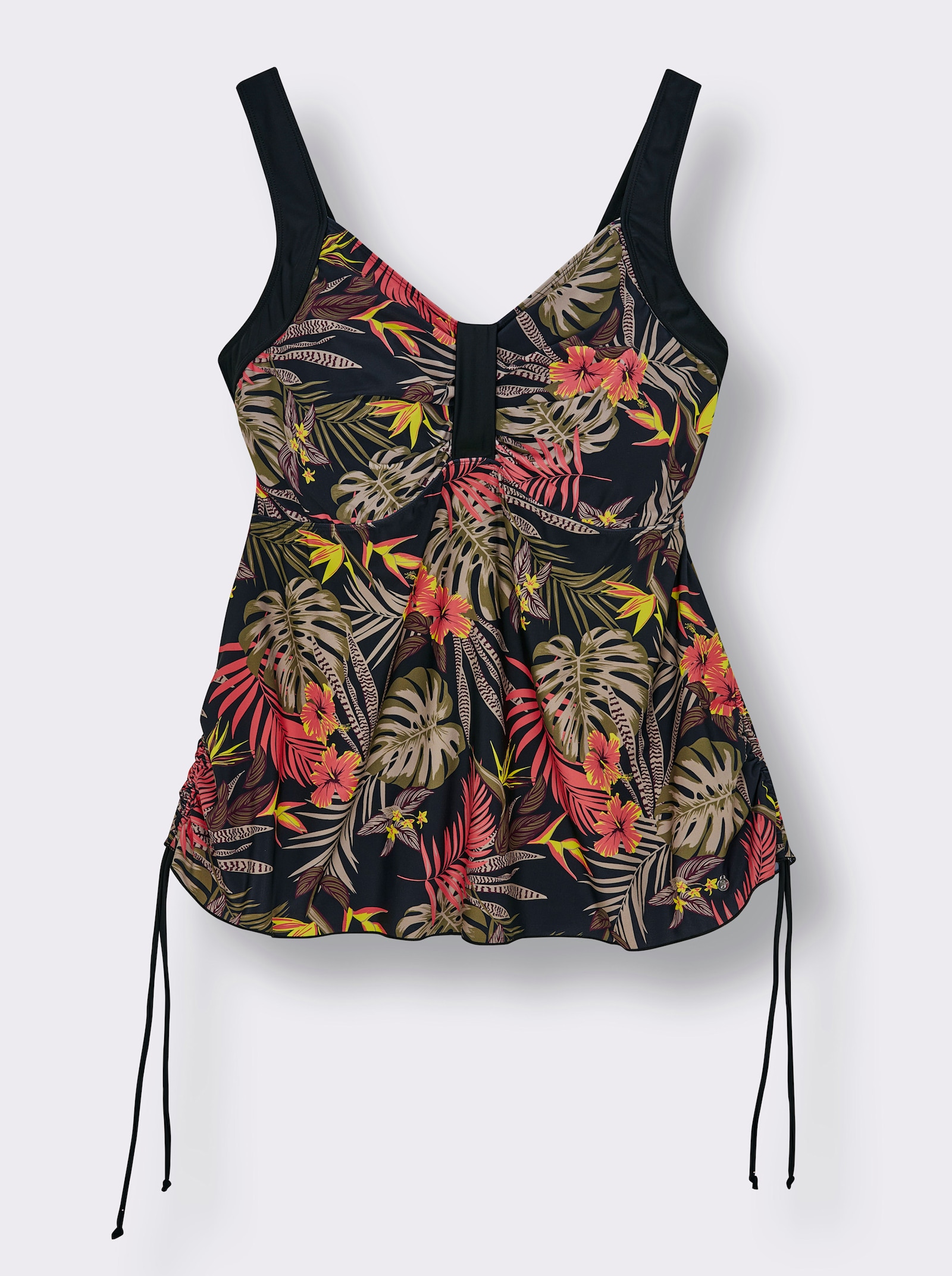 sheego Tankini-Oberteil mit tropischem Aufdruck - schwarz-burgund-bedruckt