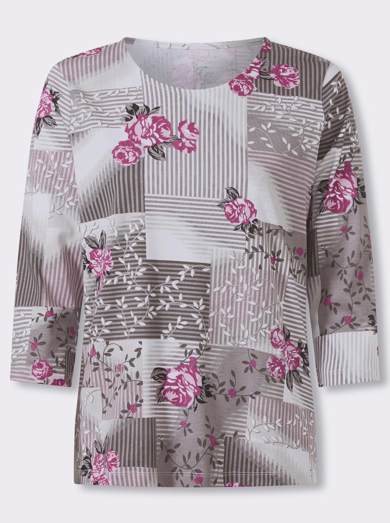 Kurzarmshirt mit Patch-Muster, Baumwolle - rosé-steingrau-bedruckt