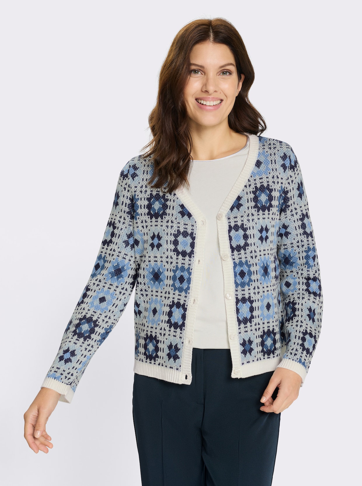 Cardigan im Patchwork-Muster - ecru-jeansblau-gemustert