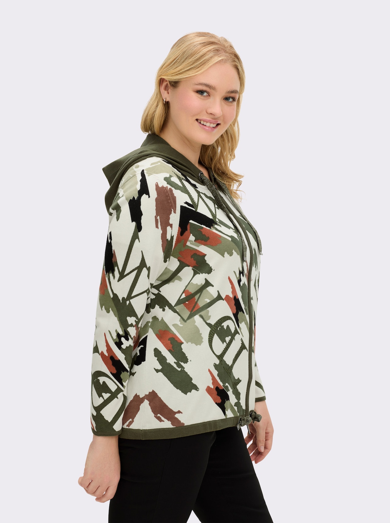 Kapuzenstrickjacke mit Druck und Glitzersteinchen - champagner-khaki-bedruckt
