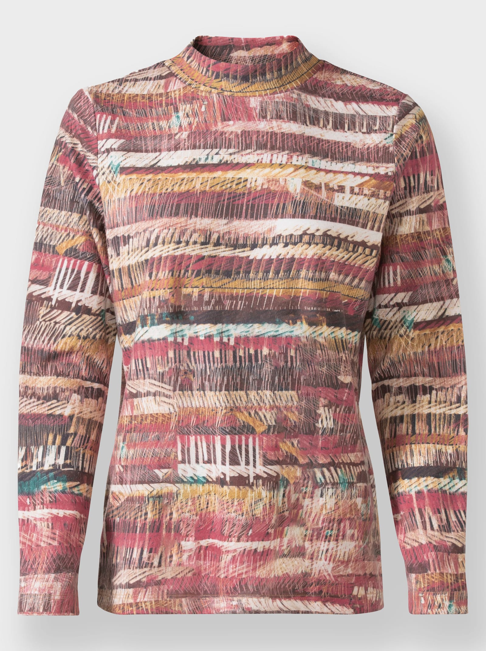 Stehkragenshirt in angerauter Qualität - sand-dunkelrot-bedruckt