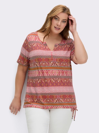 Kurzarmshirt im Ethno-Streifen-Dessin - papaya-terra-bedruckt