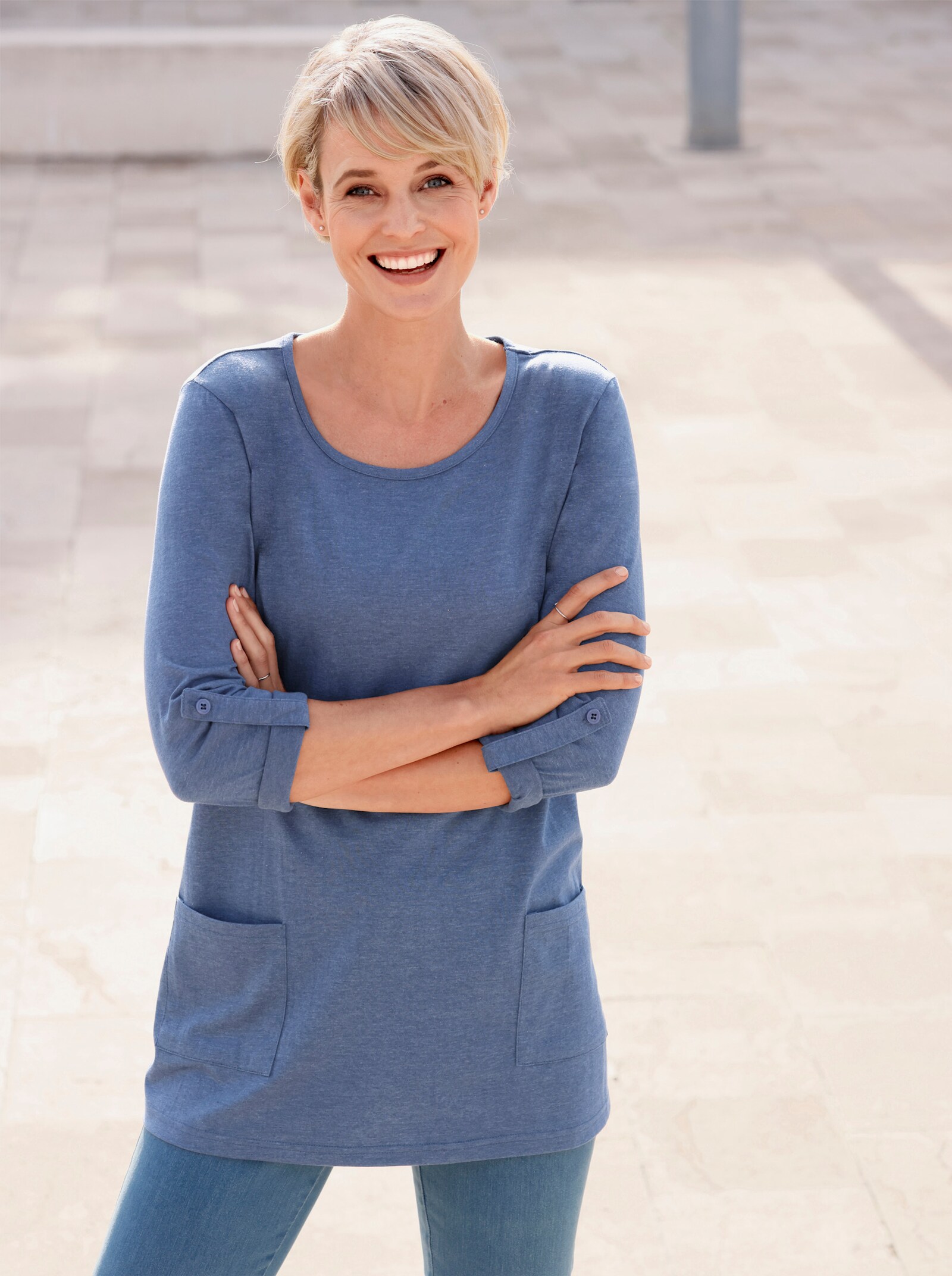 Dlhé tričko s vyhrnuteľnými rukávmi - Denim blue-škvrnité