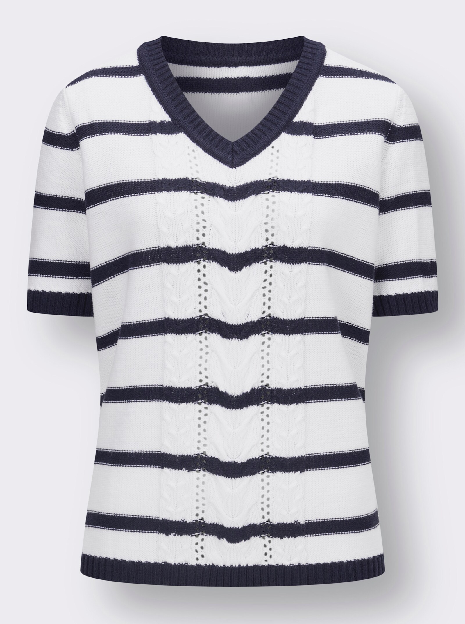 Svetr s krátkým rukávem a copánkovým vzorem - námořnická modrá-bílá-proužek