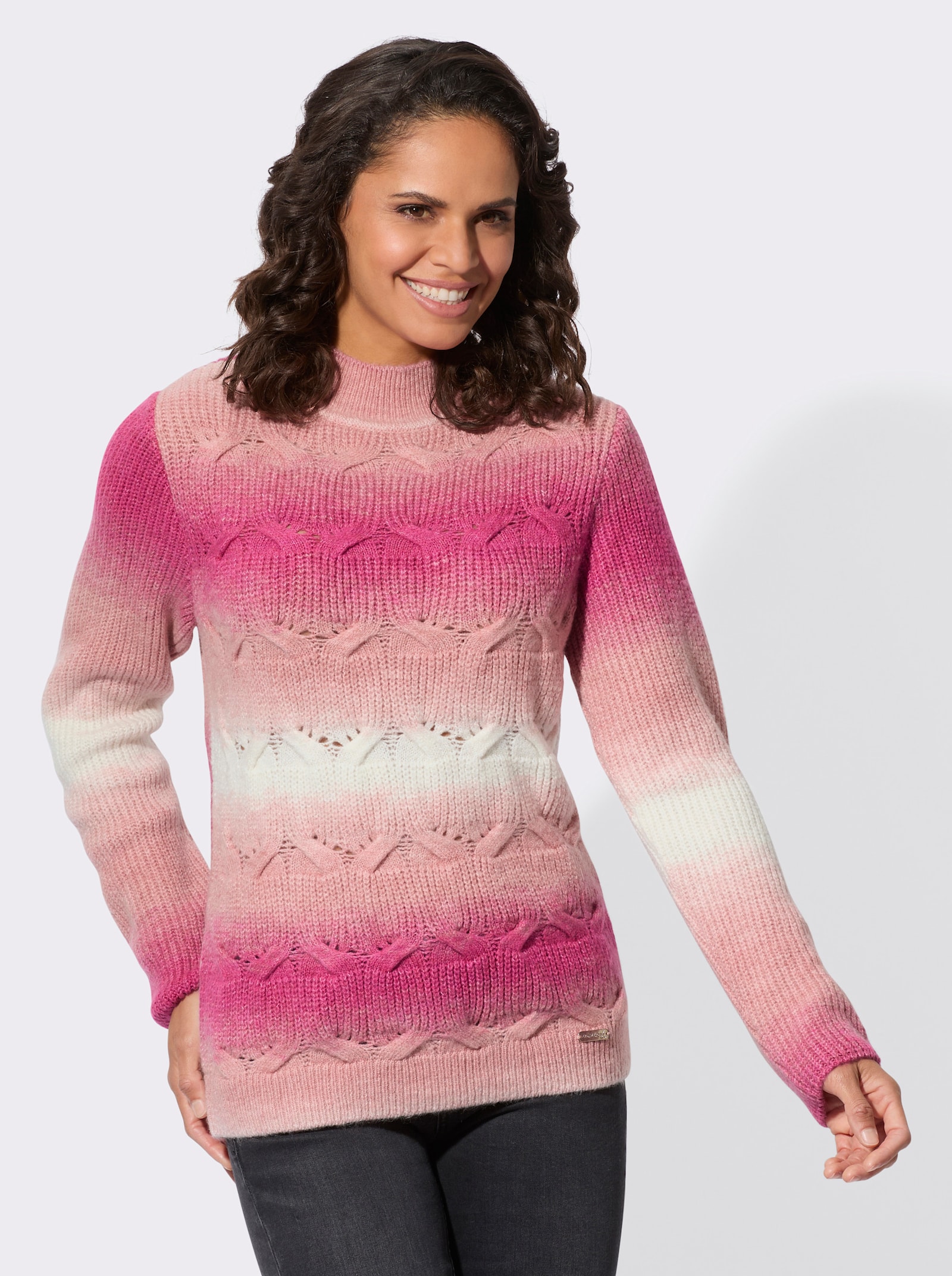 Pullover mit Zopfstrick-Muster - rosenquarz-fuchsia