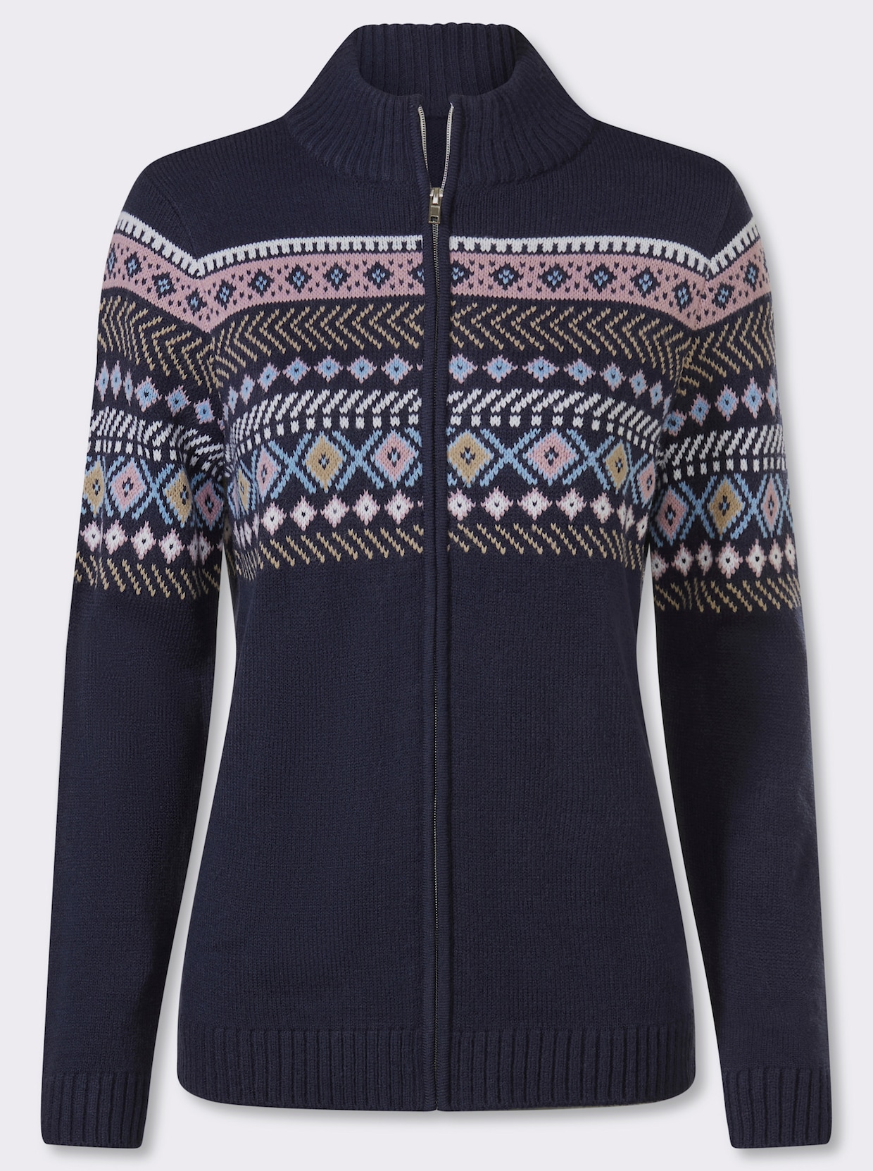Jacquardstrickjacke mit durchgehendem Reißverschluss - marine/mauve gedessineerd