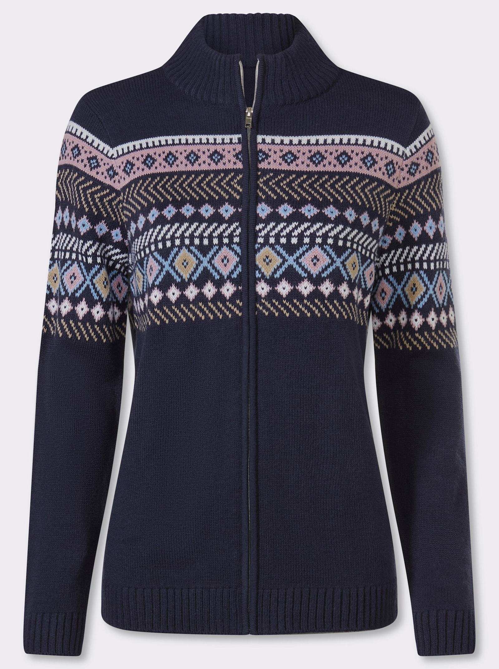 Jacquardstrickjacke mit durchgehendem Reissverschluss - marine-mauve-gemustert