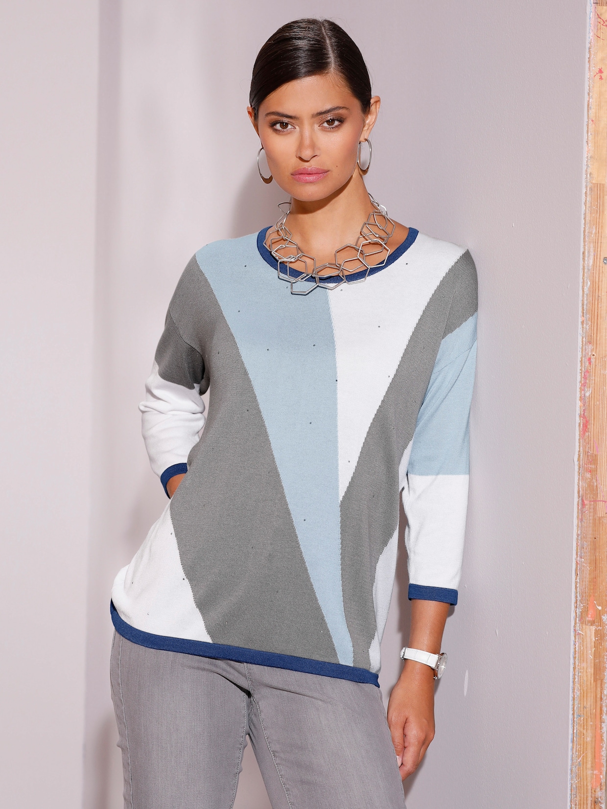 Jacquard-Pullover - hellblau-ecru-gemustert