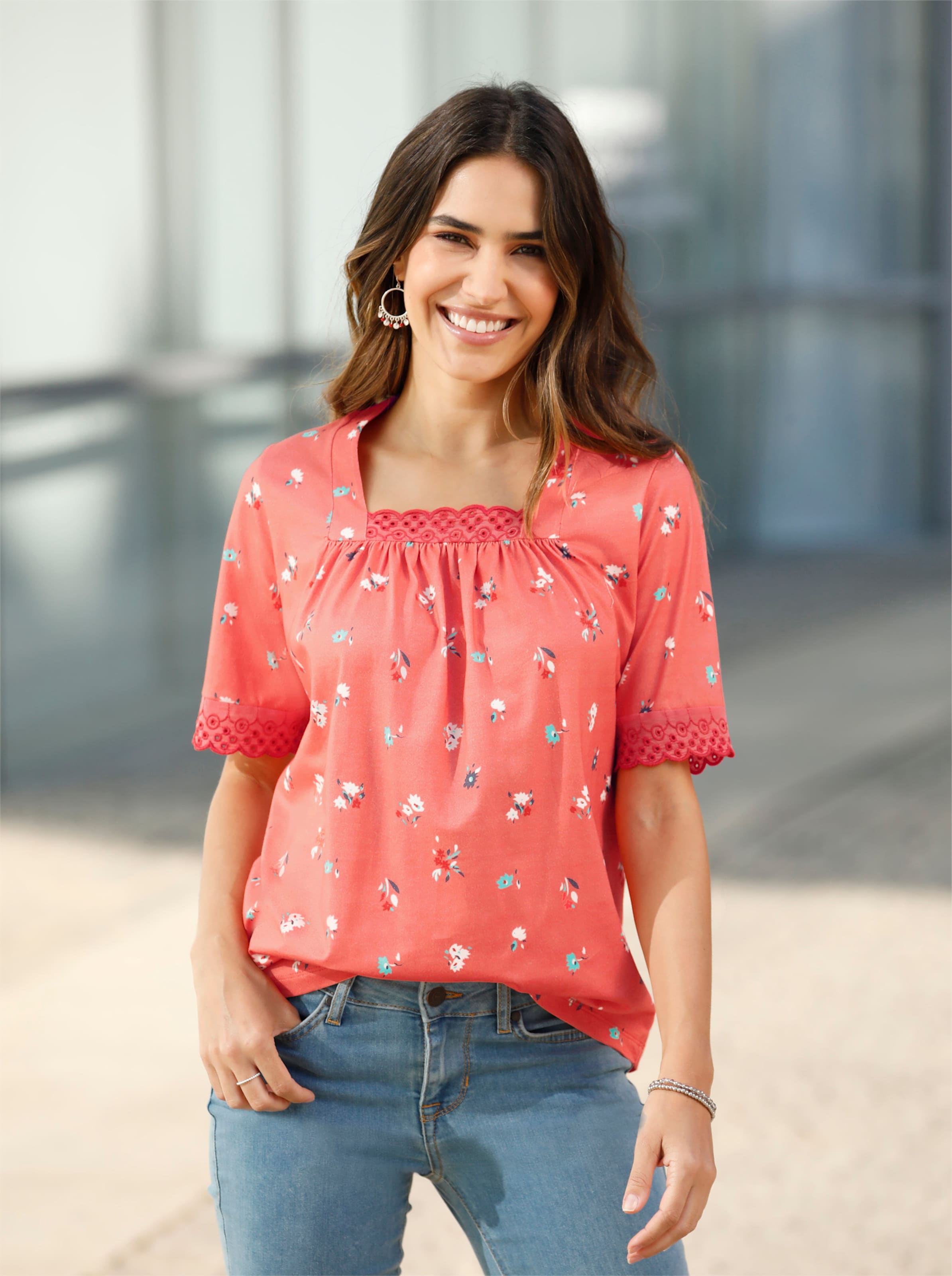 Witt Damen Kurzarm-Shirt, flamingo-dunkelblau-bedruckt