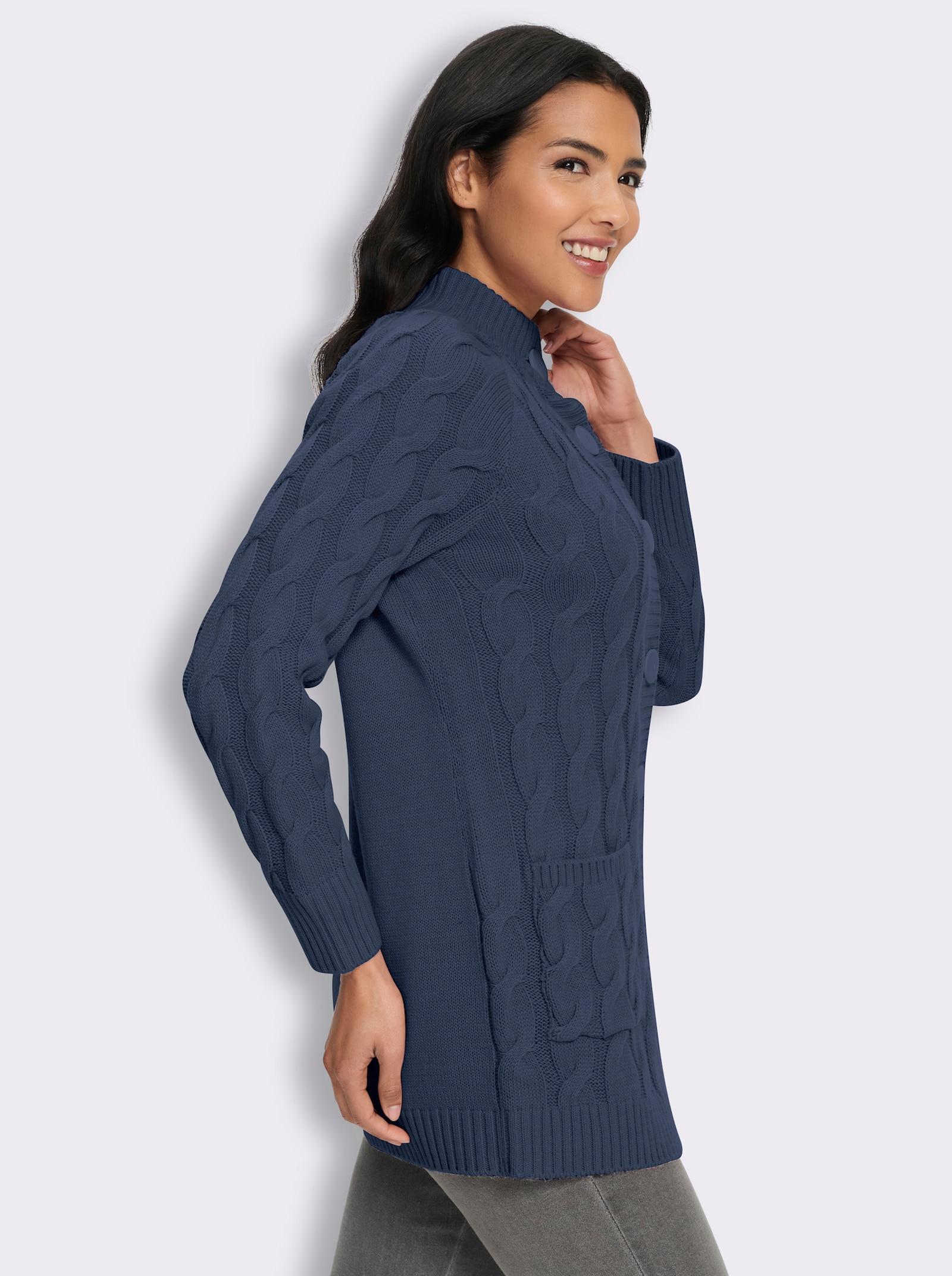 Longstrickjacke mit Zopfmuster - rauchblau