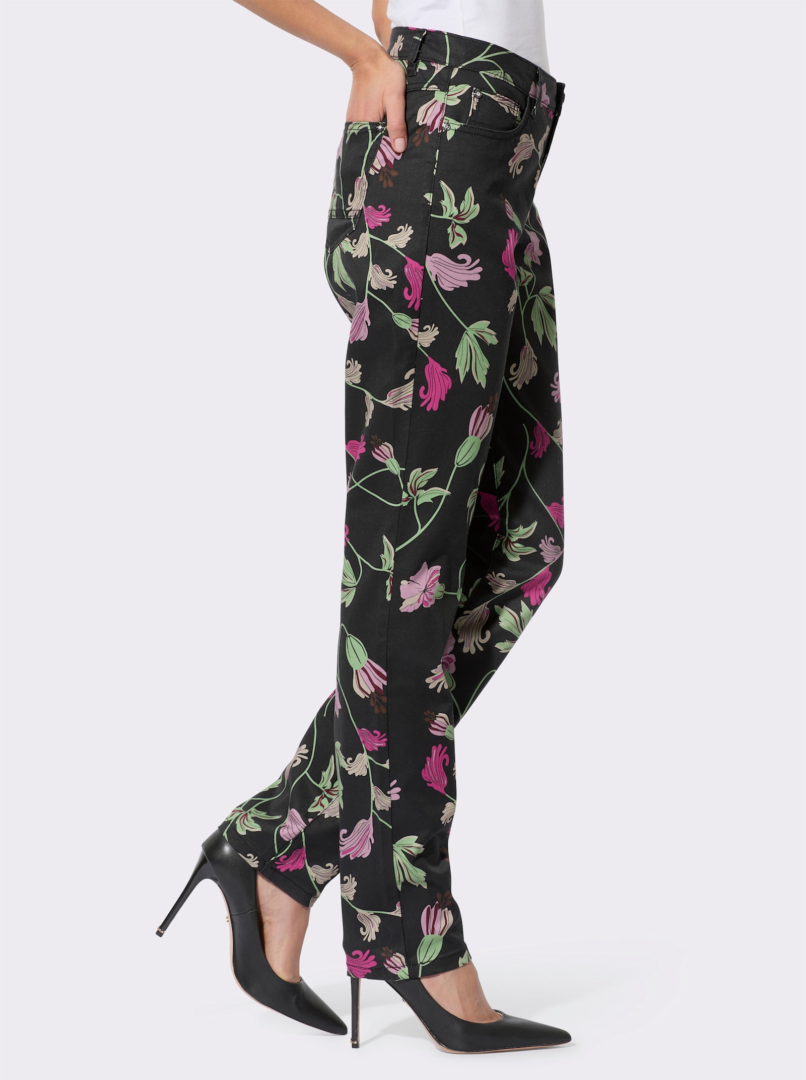 5-Pocket-Hose in weicher Twill-Qualität, bedruckt - schwarz-mauve-bedruckt