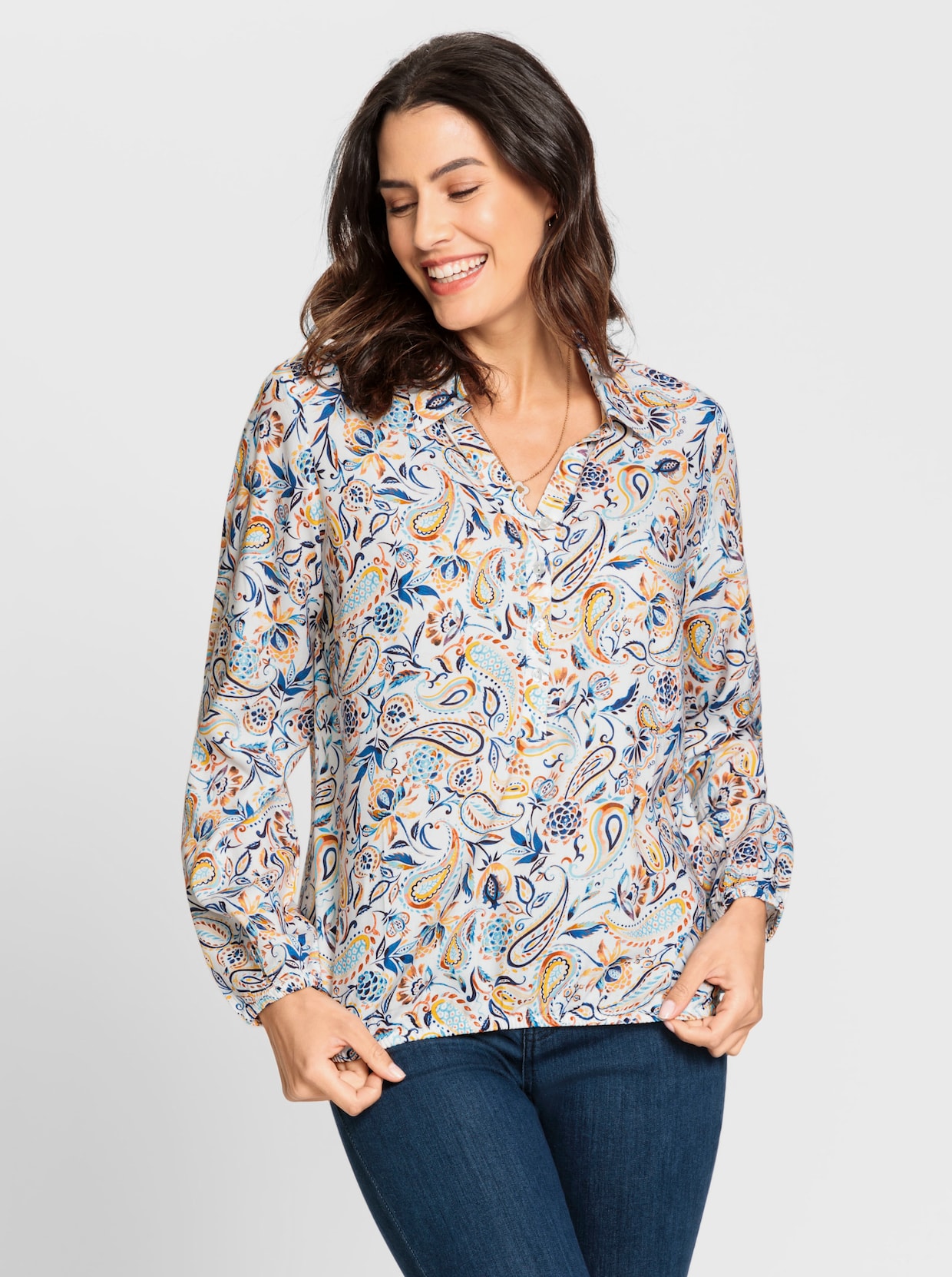 Blouse met print - oker/jeansblauw bedrukt