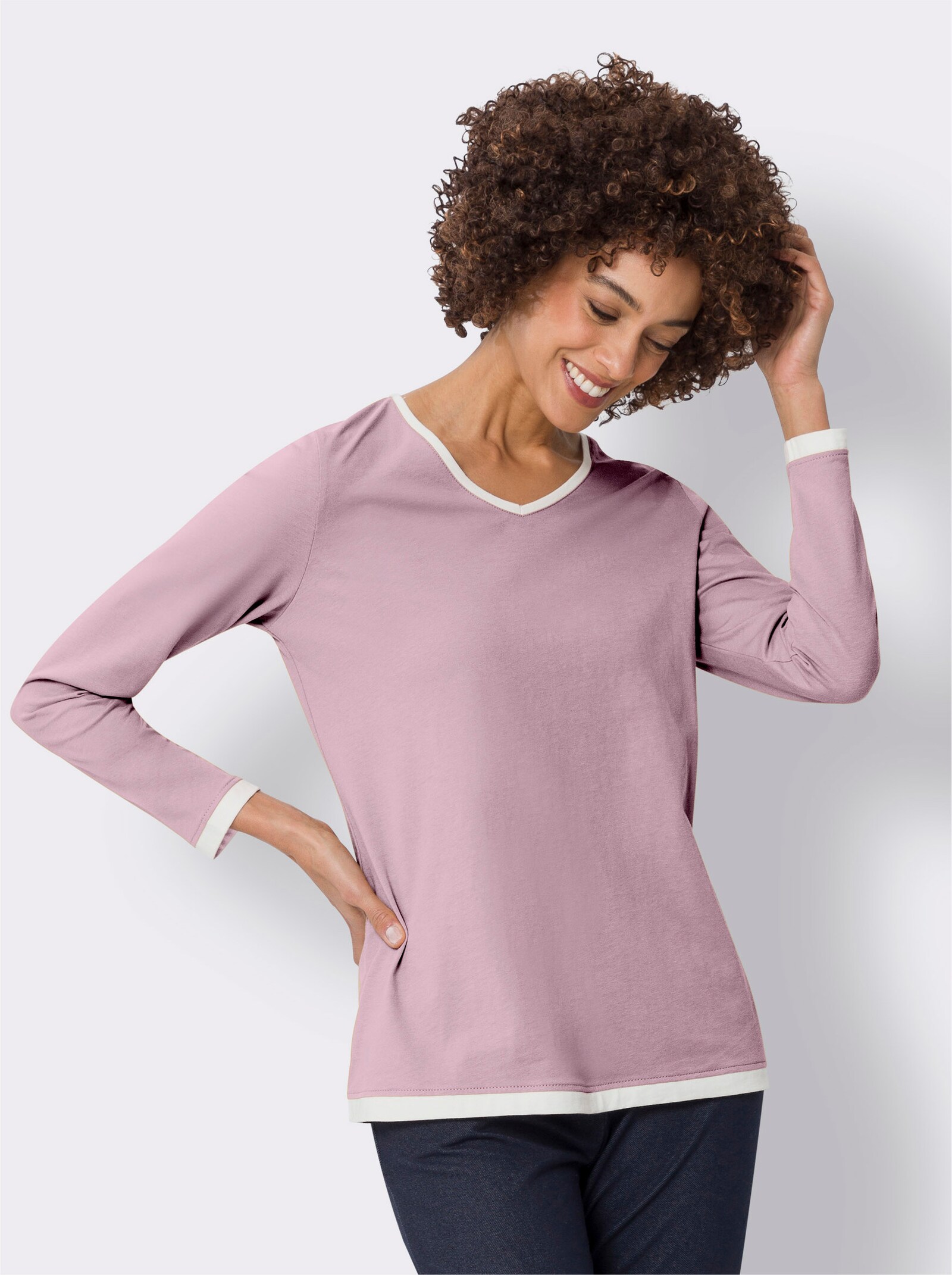  Langarmshirt mit Kontrast-Blenden - rosé-ecru