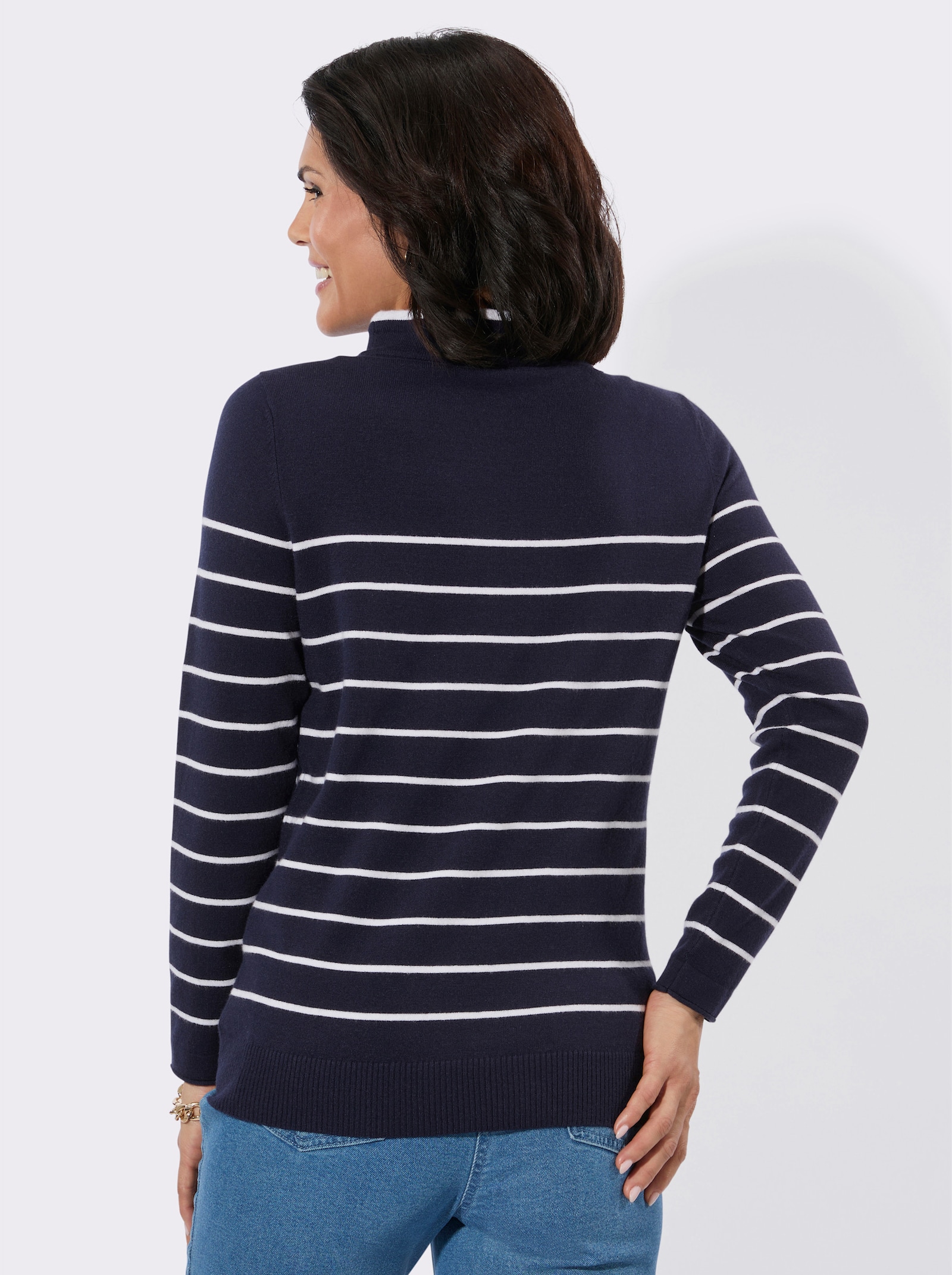 Stehkragenpullover mit sportiven Details - marine-ecru-geringelt
