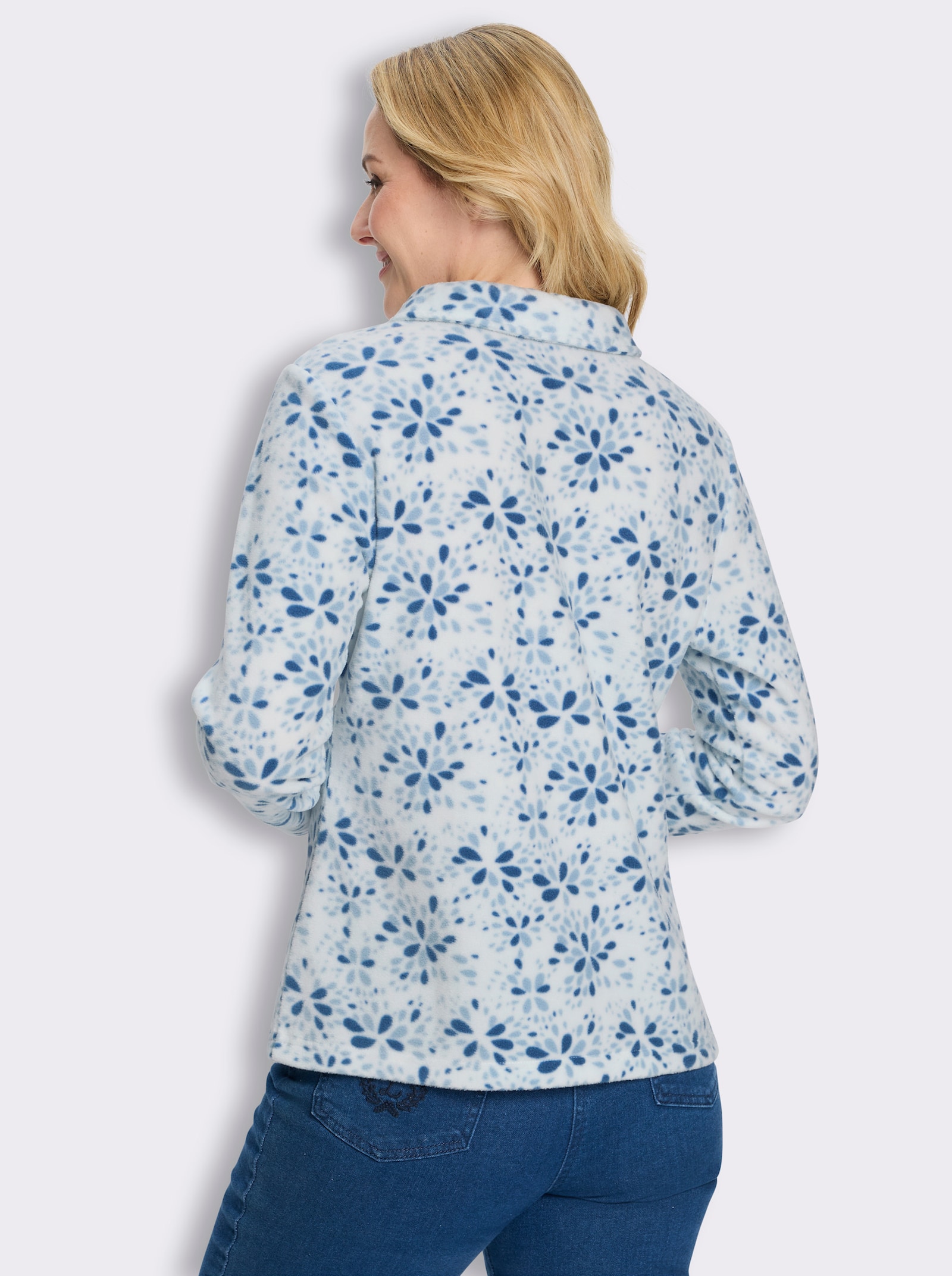 Fleeceshirt mit Hemdkragen - ecru-hellblau-bedruckt