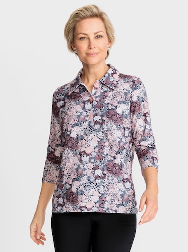 Poloshirt mit 3/4-Ärmeln - hortensie-steingrau-bedruckt