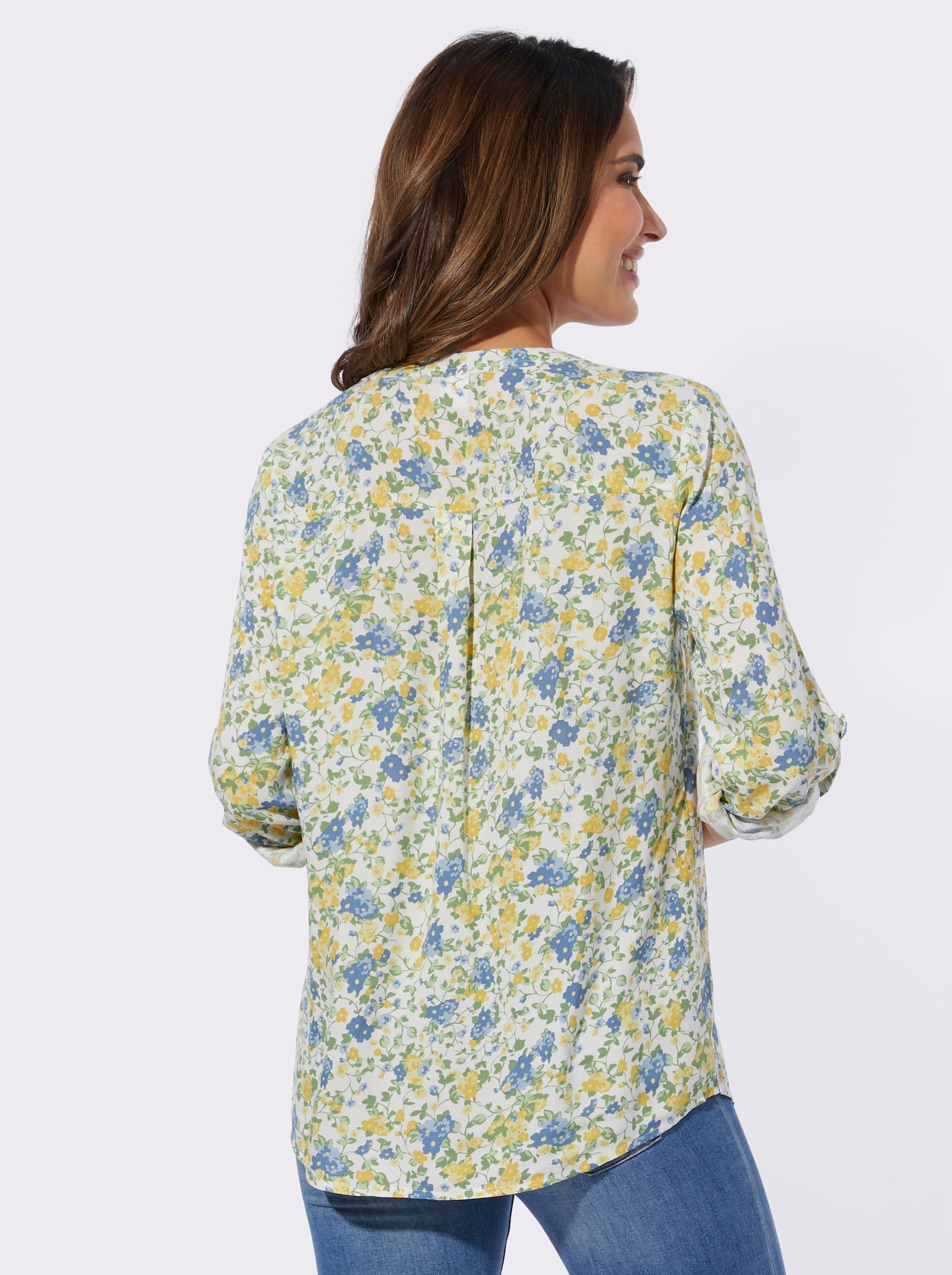 Navliek. blúzka, vyhrn. rukávy - Svetlobéžovo-eukalyptová potlač