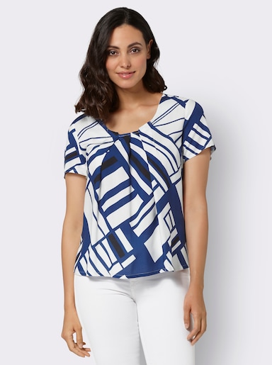 Druckbluse mit Falten am Ausschnitt - royalblau-ecru-bedruckt