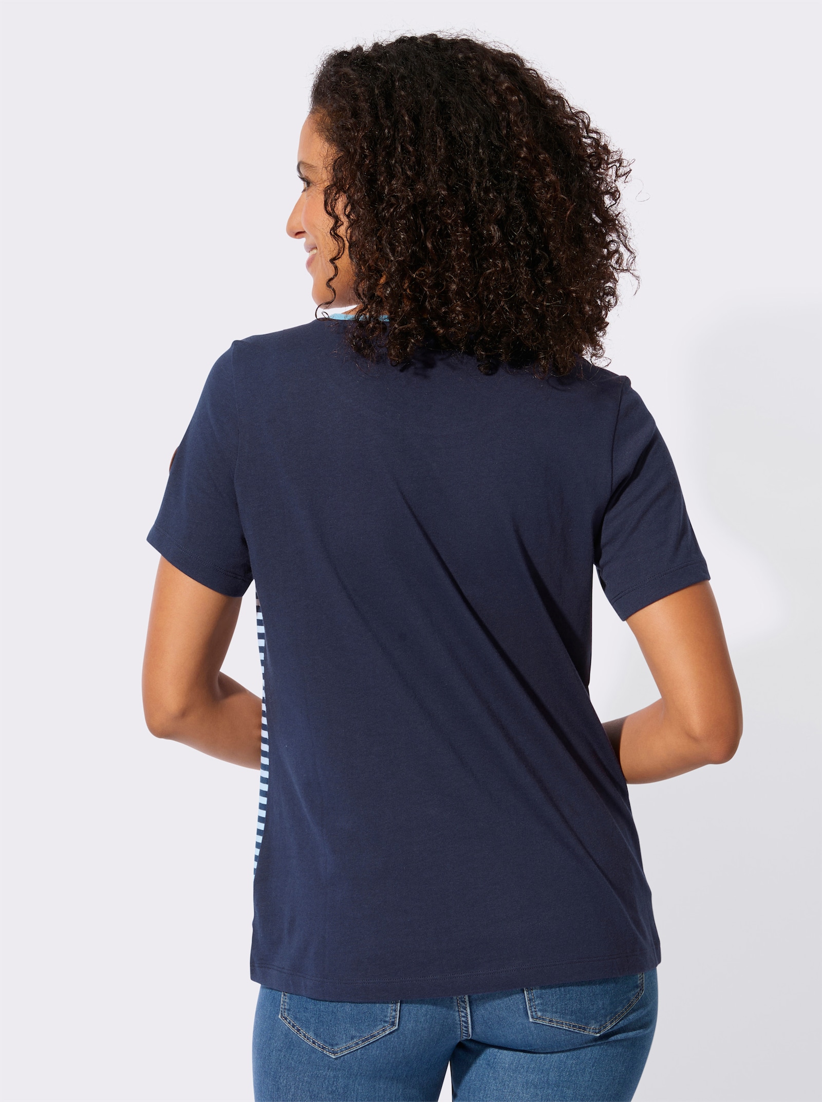 Rundhalsshirt mit Schriftzug und Streifen-Print - marine-himmelblau-bedruckt