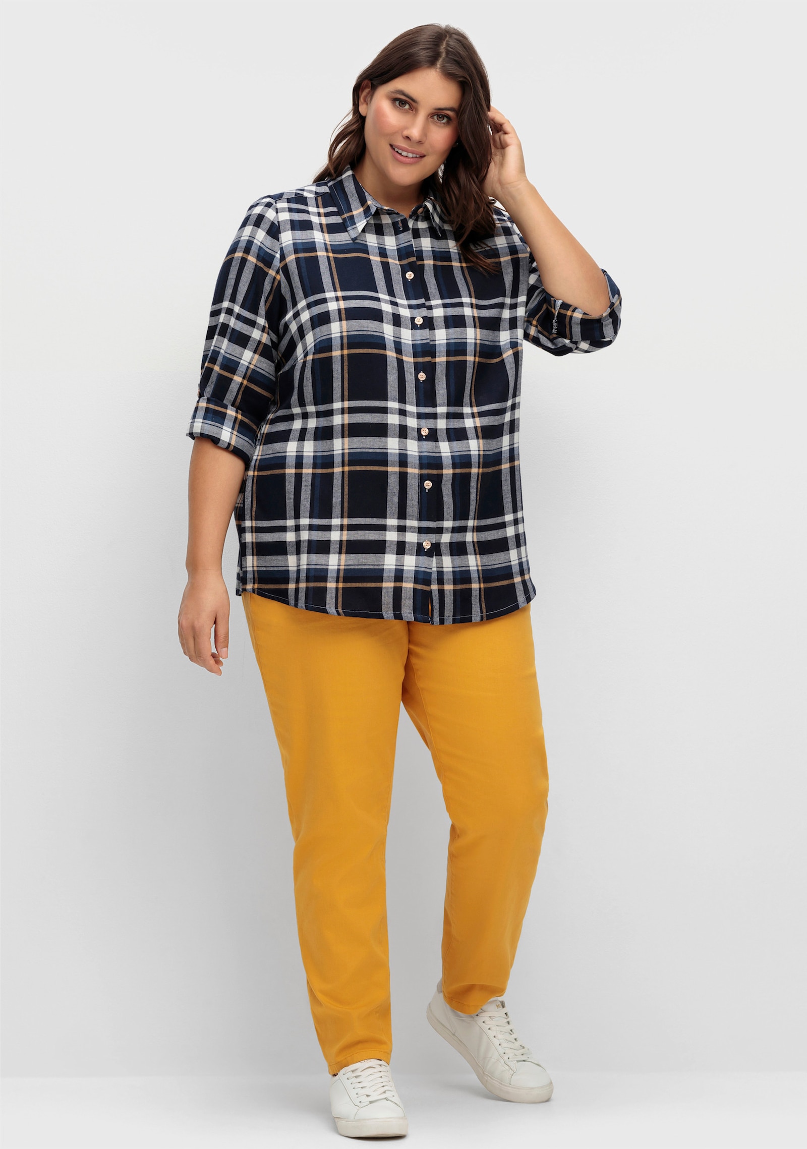 Flanellbluse mit krempelbaren Ärmeln - marine-camel-kariert