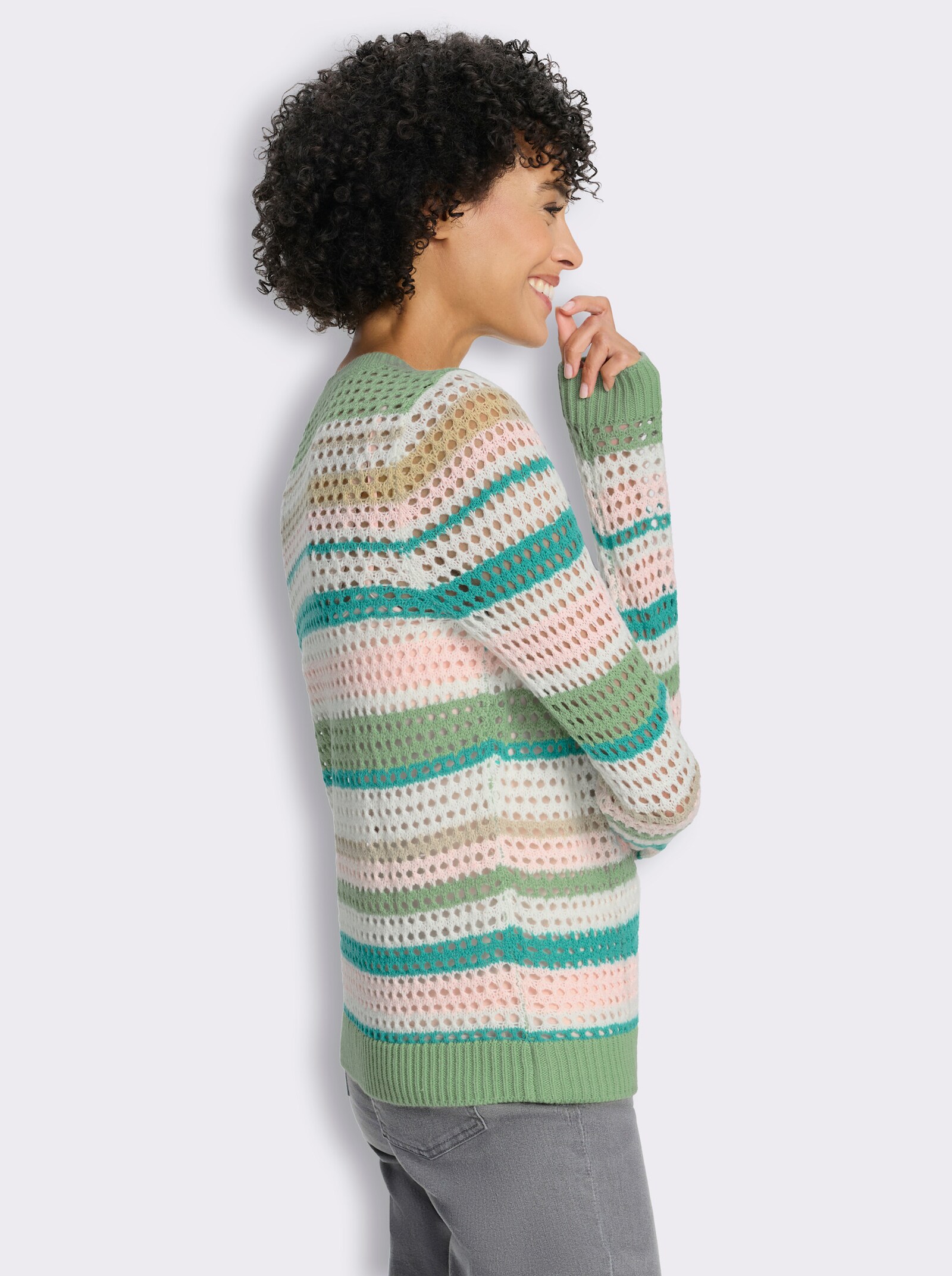 Ajourpullover mit Streifen - eucalyptus-hellrosé-geringelt