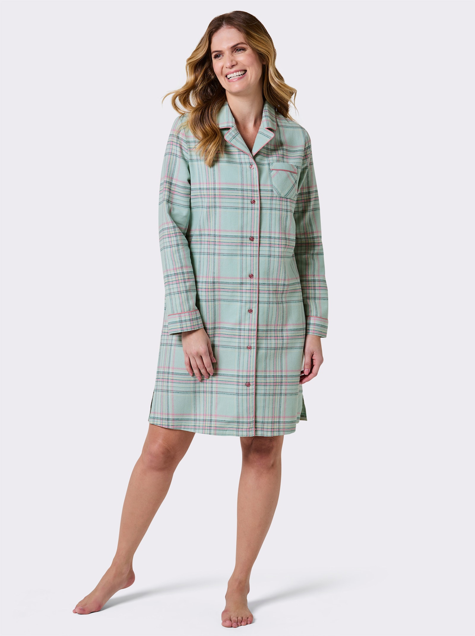 wäschepur Sleepshirt in Finette-Qualität - kalkmint-altrosa-kariert
