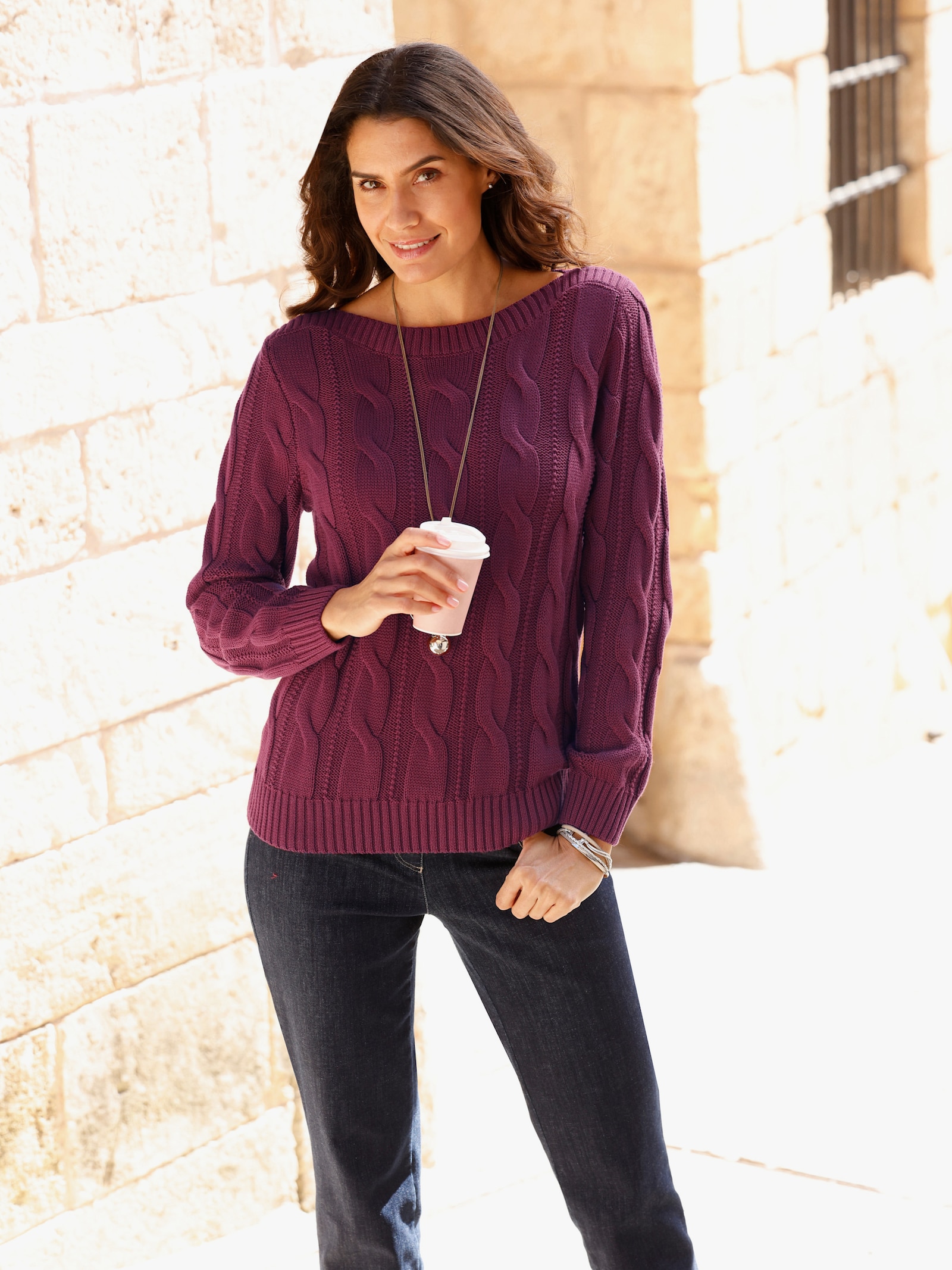  Strickpullover mit Allover-Zopfmuster - bordeaux