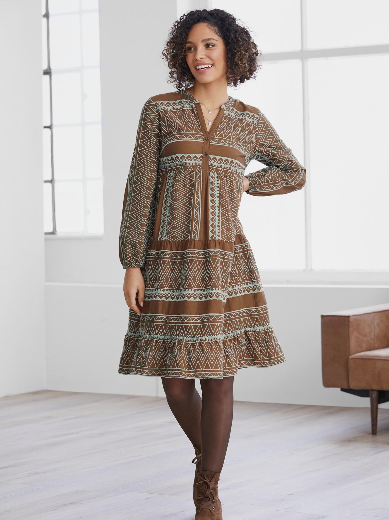 Linea Tesini Kleid - braun-kalkmint-gemustert