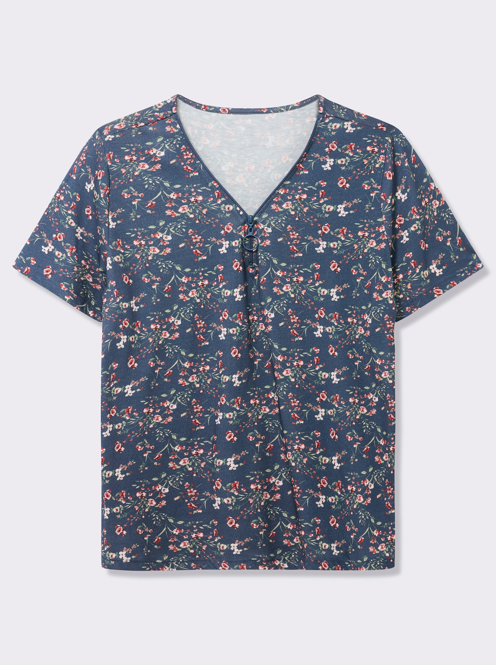Kurzarmshirt mit Reißverschluss am Ausschnitt - jeansblau-hellrosé-gemustert