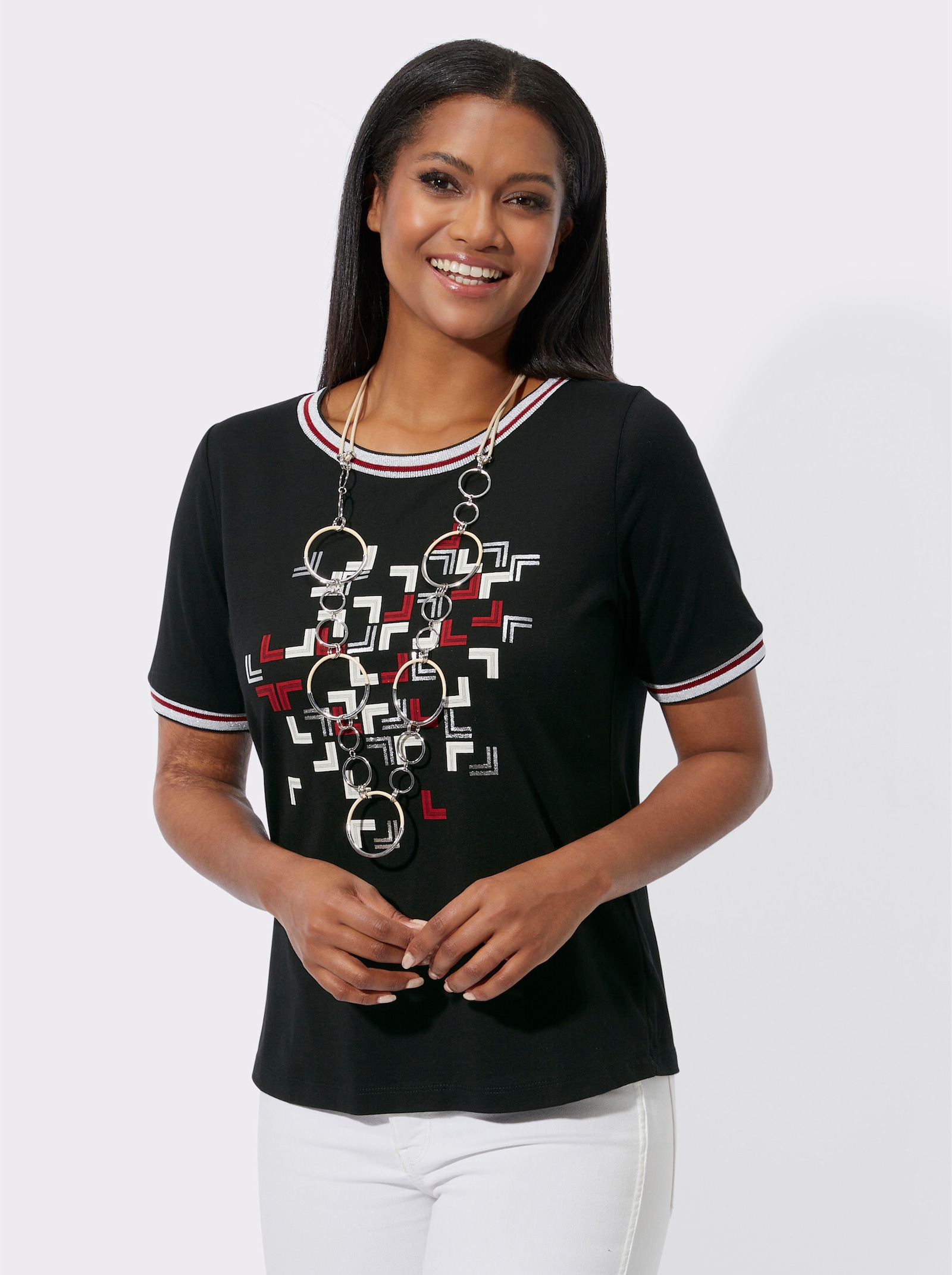 Tričko s kulatým výstřihem a lesklými a třpytivými akcenty - černá-potisk