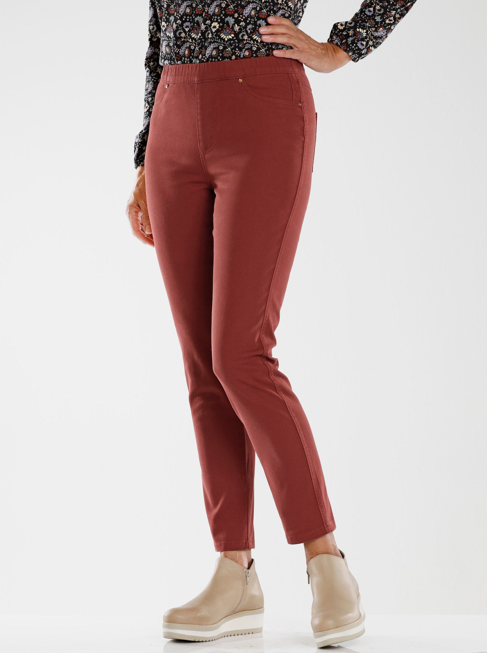 Comfortbroek met elastische band - roodbruin