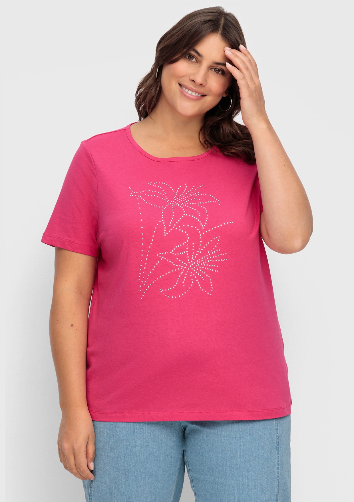 Kurzarmshirt mit Steinchen verziert - pink