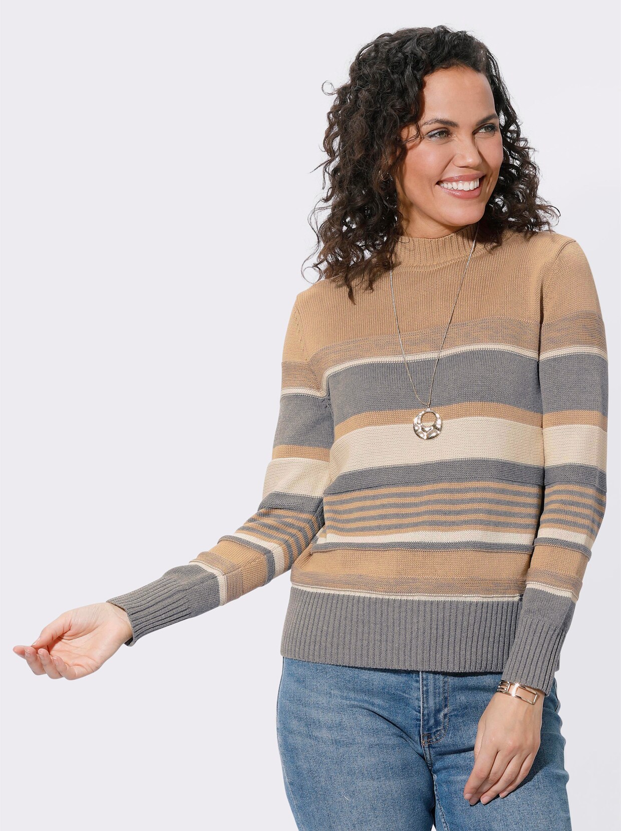 Pullover - camel-anthrazit-geringelt