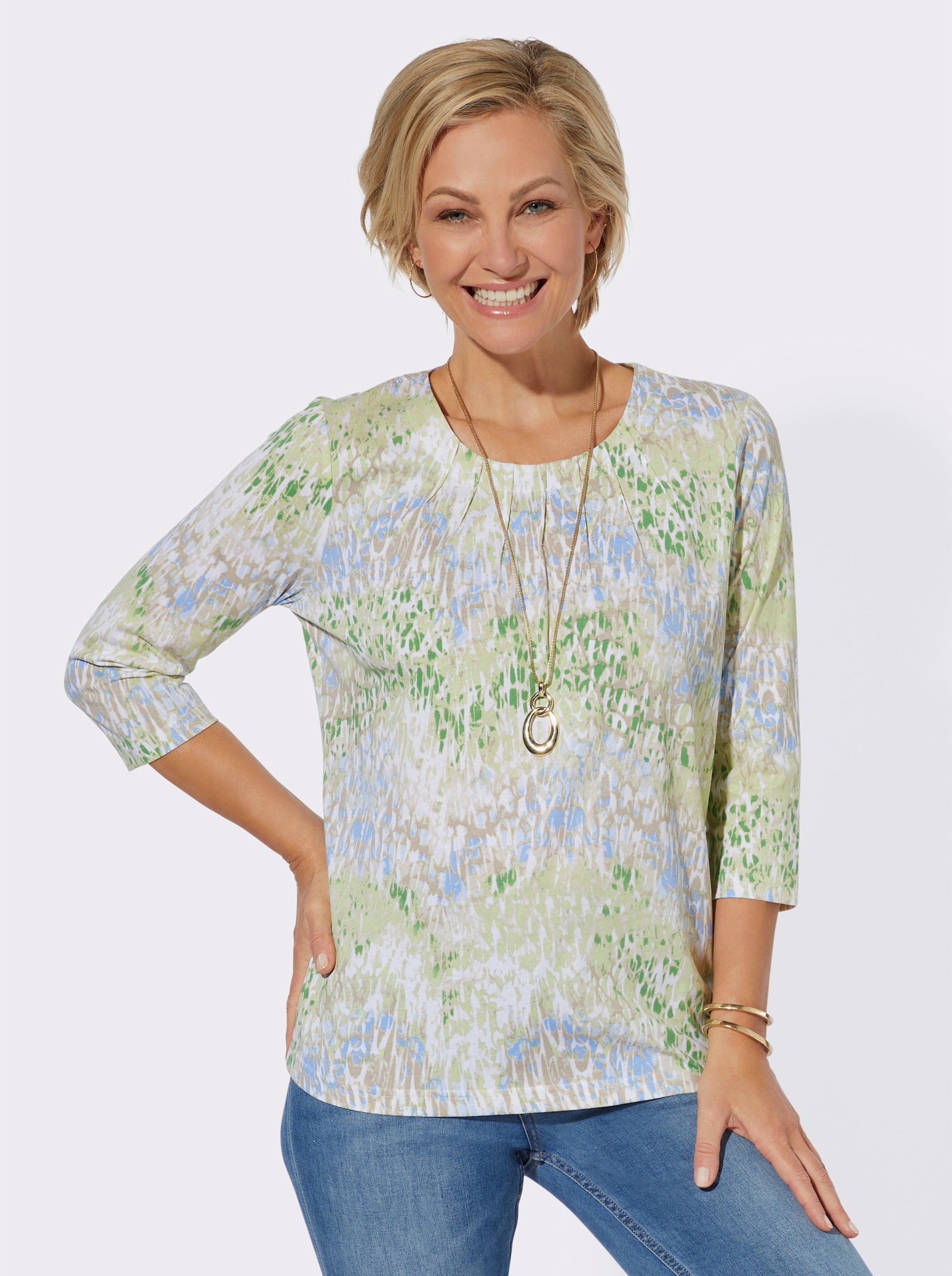 Shirt met 3/4-mouwen en plooien bij de hals - lichtblauw/ecru bedrukt