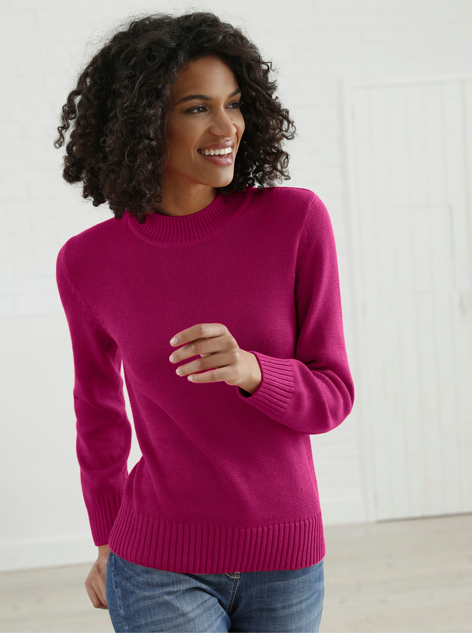 Stehkragenpullover mit Baumwolle - fuchsia