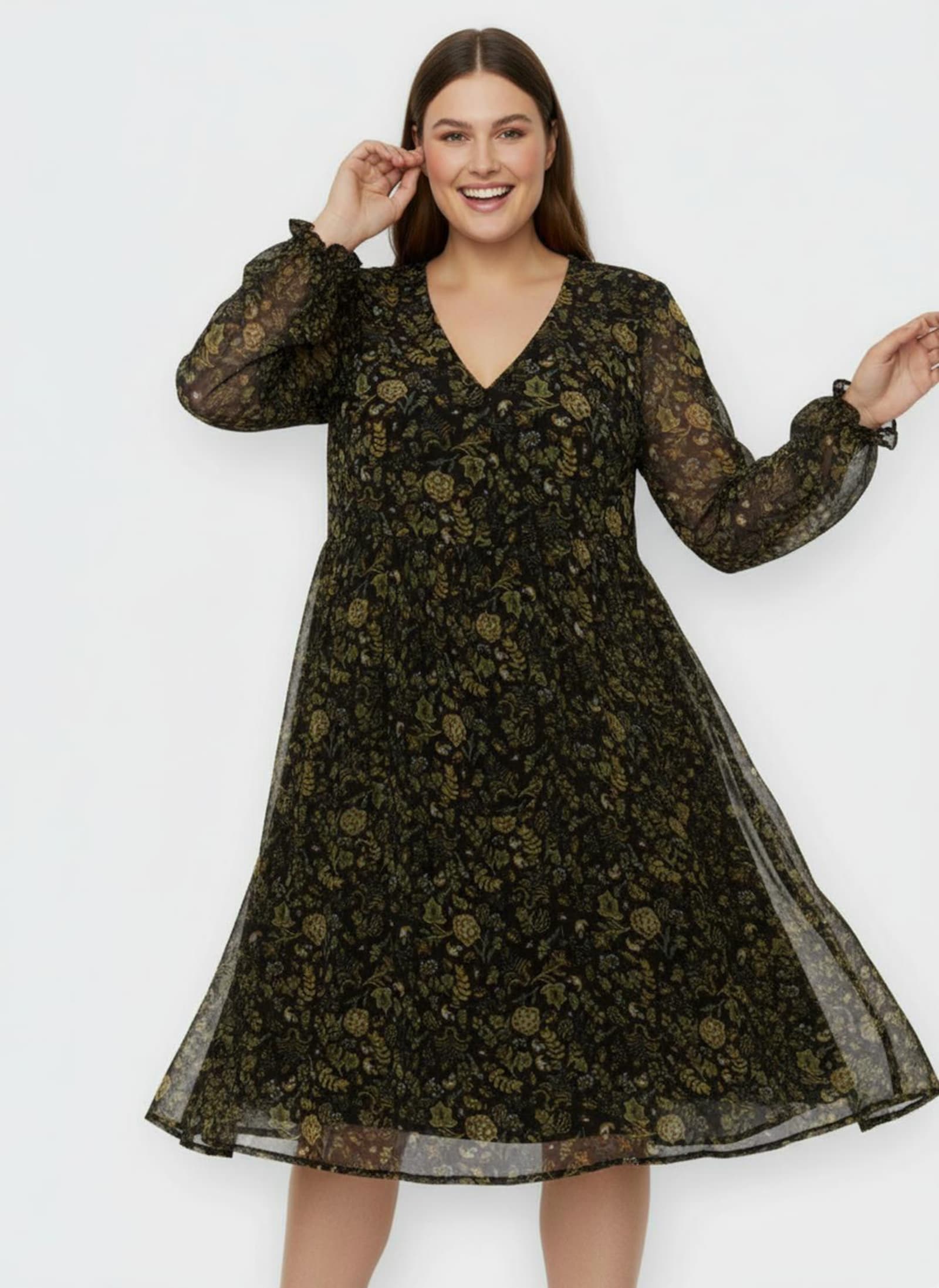 A-Linien-Kleid mit Raffungen vorne - schwarz-ocker