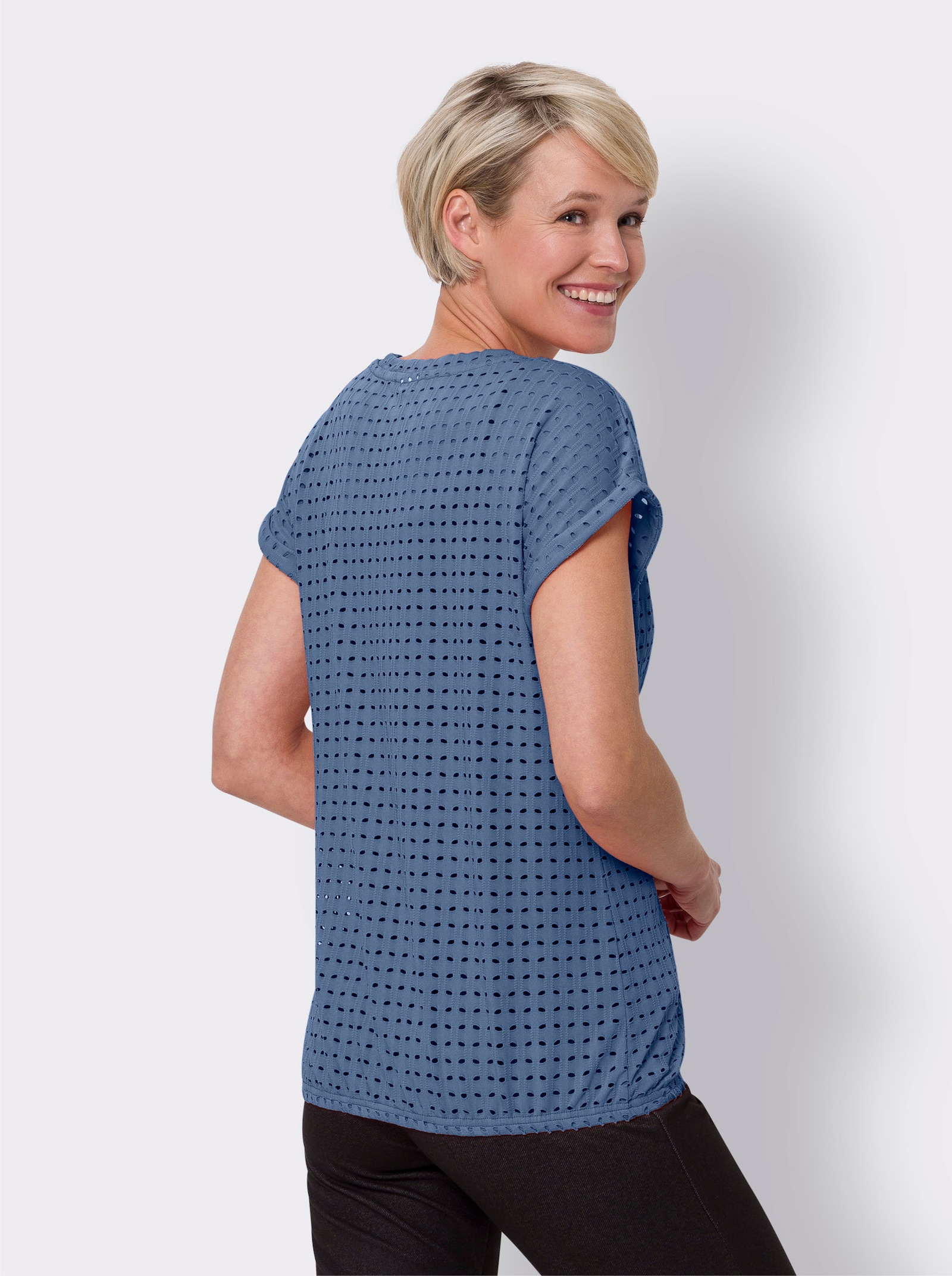 Shirt met V-hals en ajourpatroon - jeansblauw