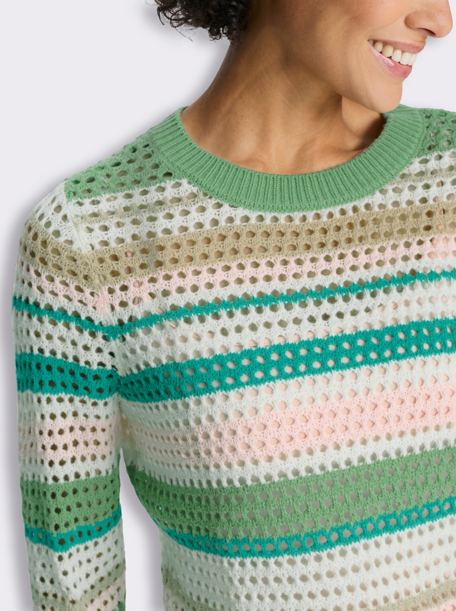Ajourpullover mit Streifen - eucalyptus-hellrosé-geringelt