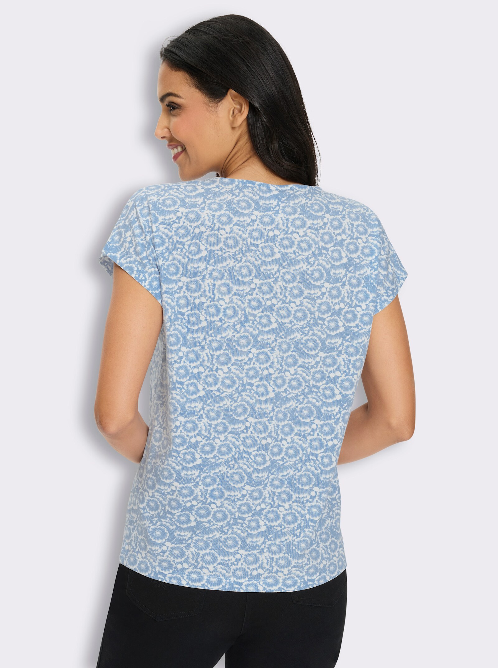 Kurzarmshirt mit Blumen-Druck - eisblau-ecru-bedruckt