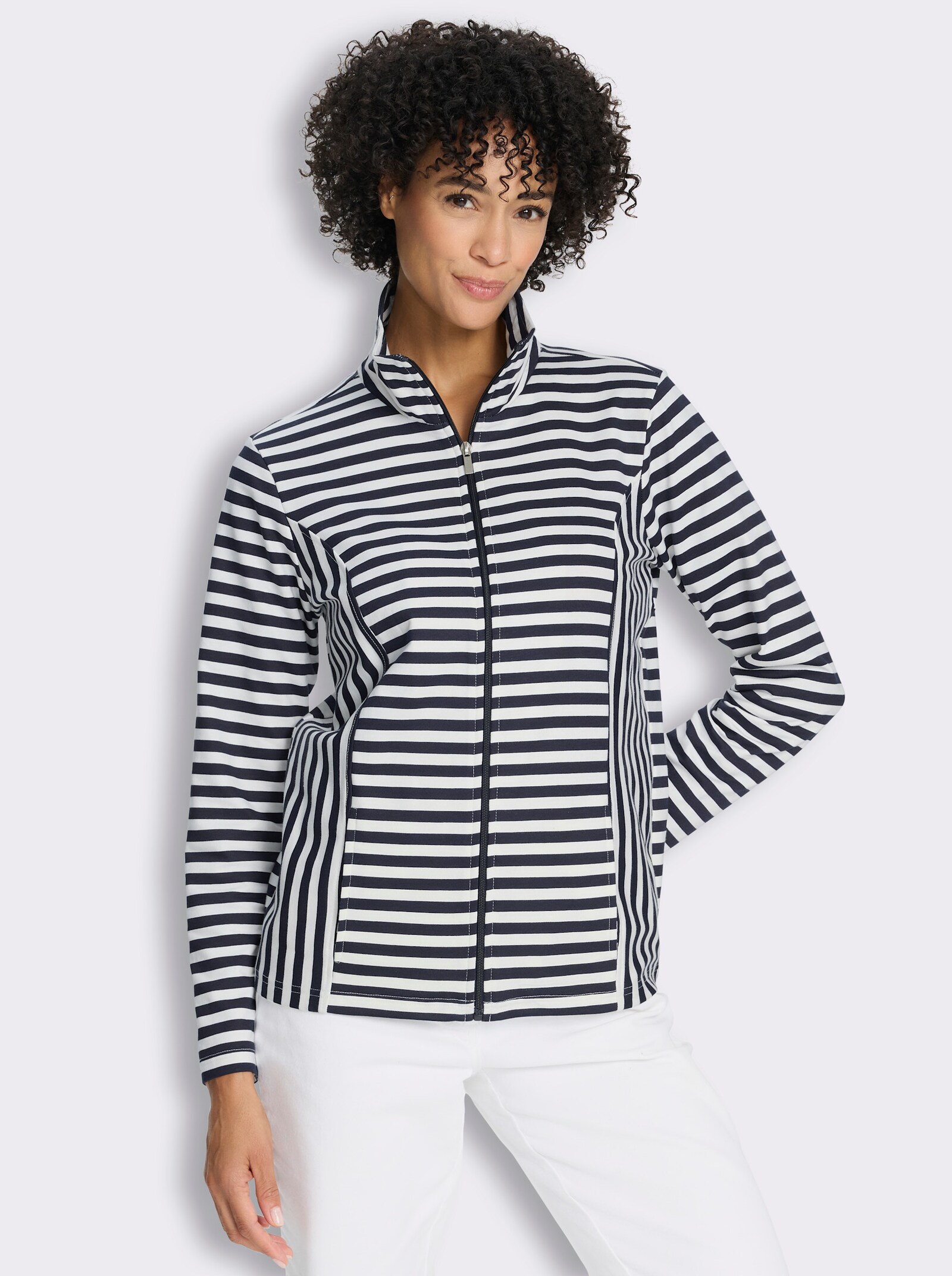 Sweatjacke im lässigen Streifenmuster - marine-ecru-gestreift