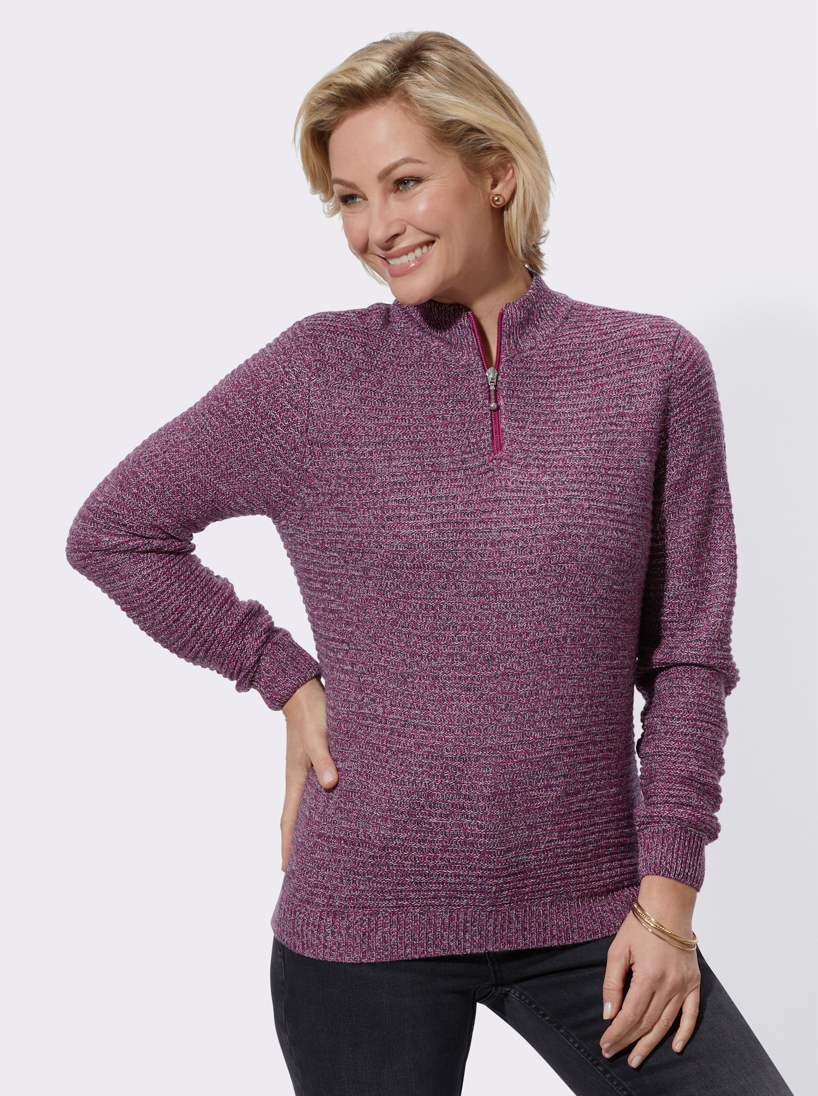 Langarm-Pullover mit Zipper - erika-marine-meliert