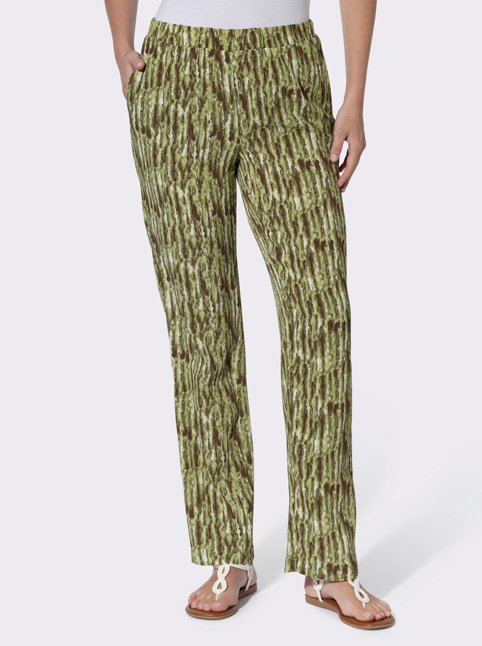 Comfortbroek met wijde pijpen - kaki + kaki/ecru bedrukt