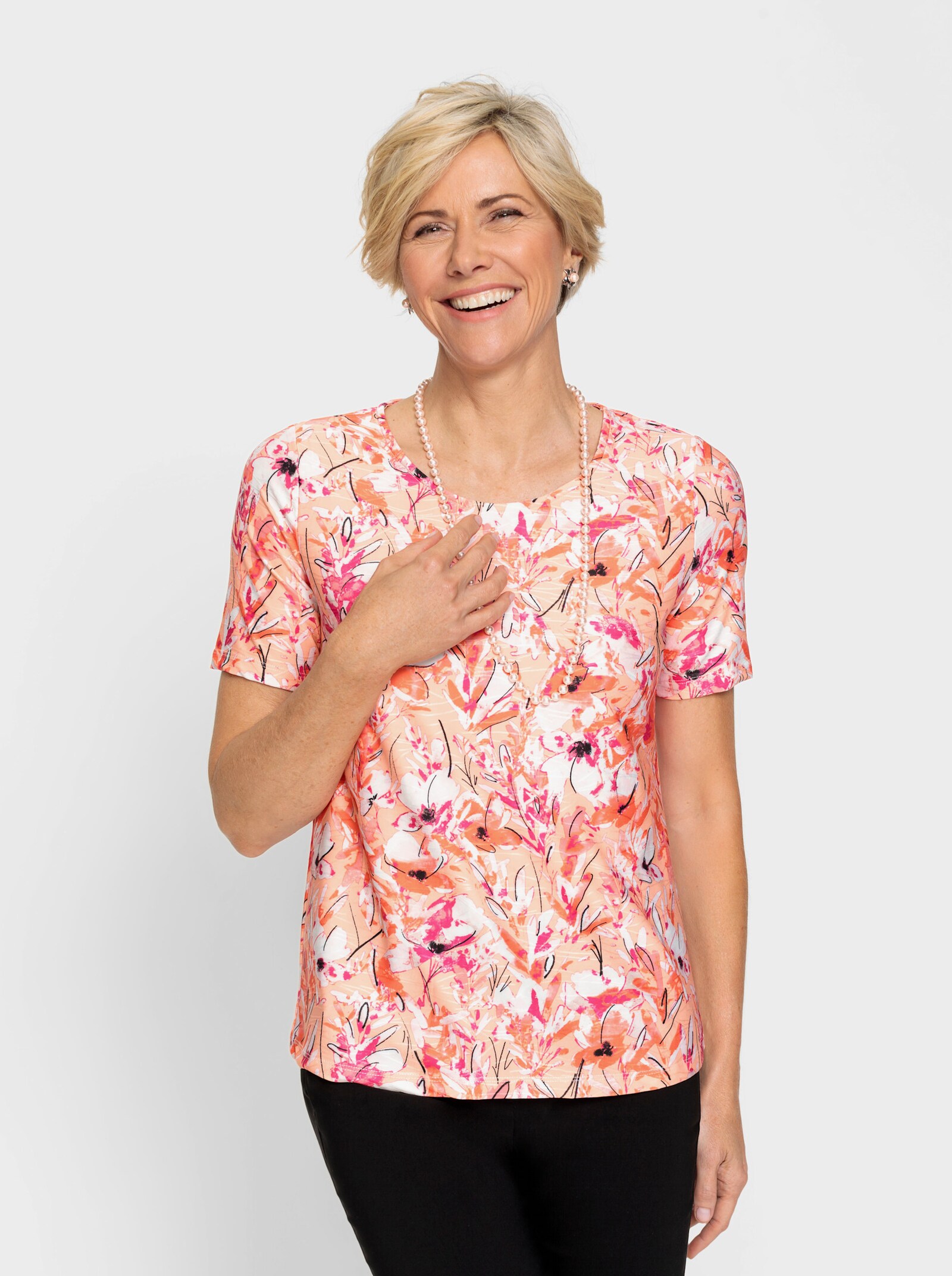 Rundhalsshirt im floralen Dessin - apricot-ecru-bedruckt