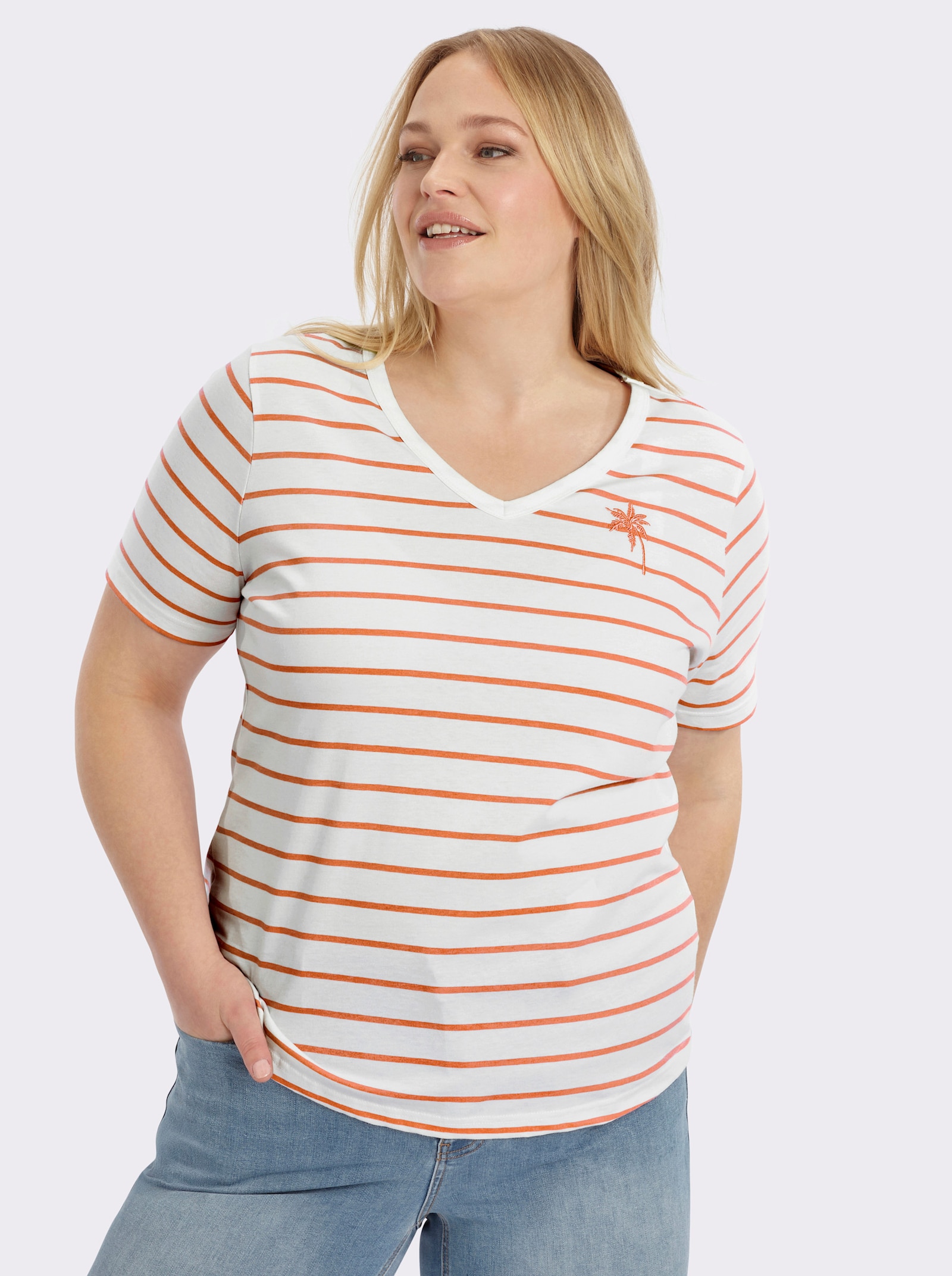  Shirt mit Stickerei, geringelt - papaya-ecru-geringelt