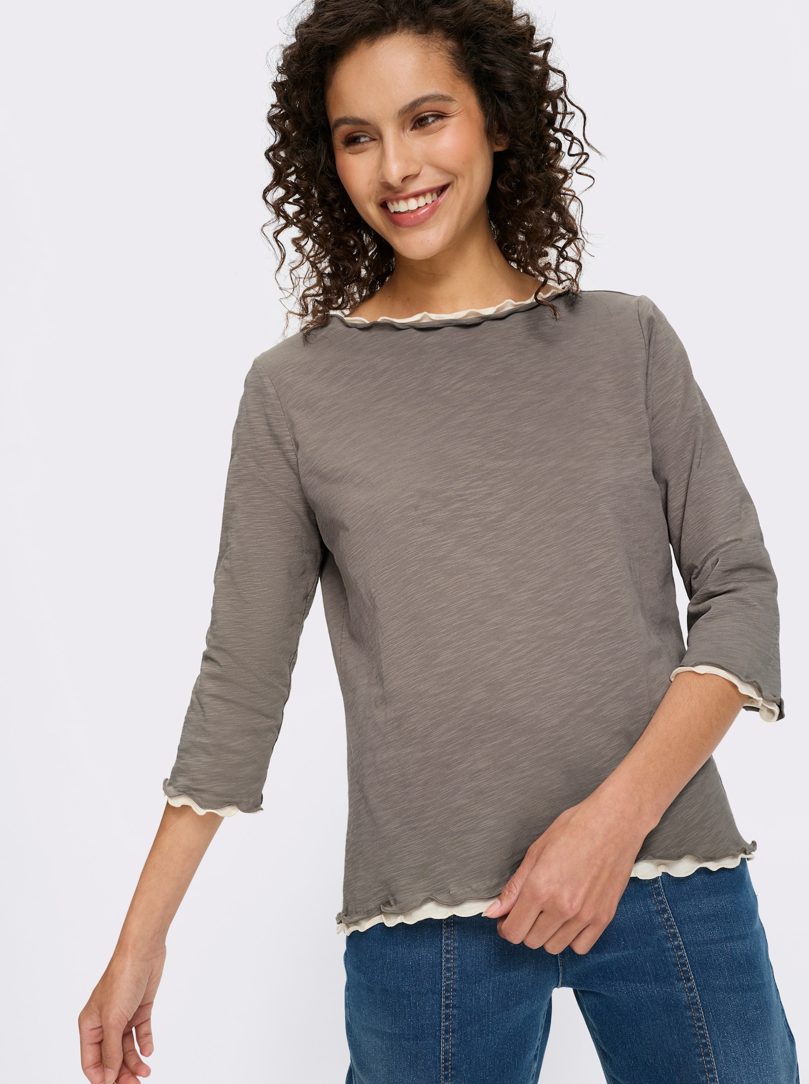 heine Shirt-Set mit Wellenkanten - taupe-champagner