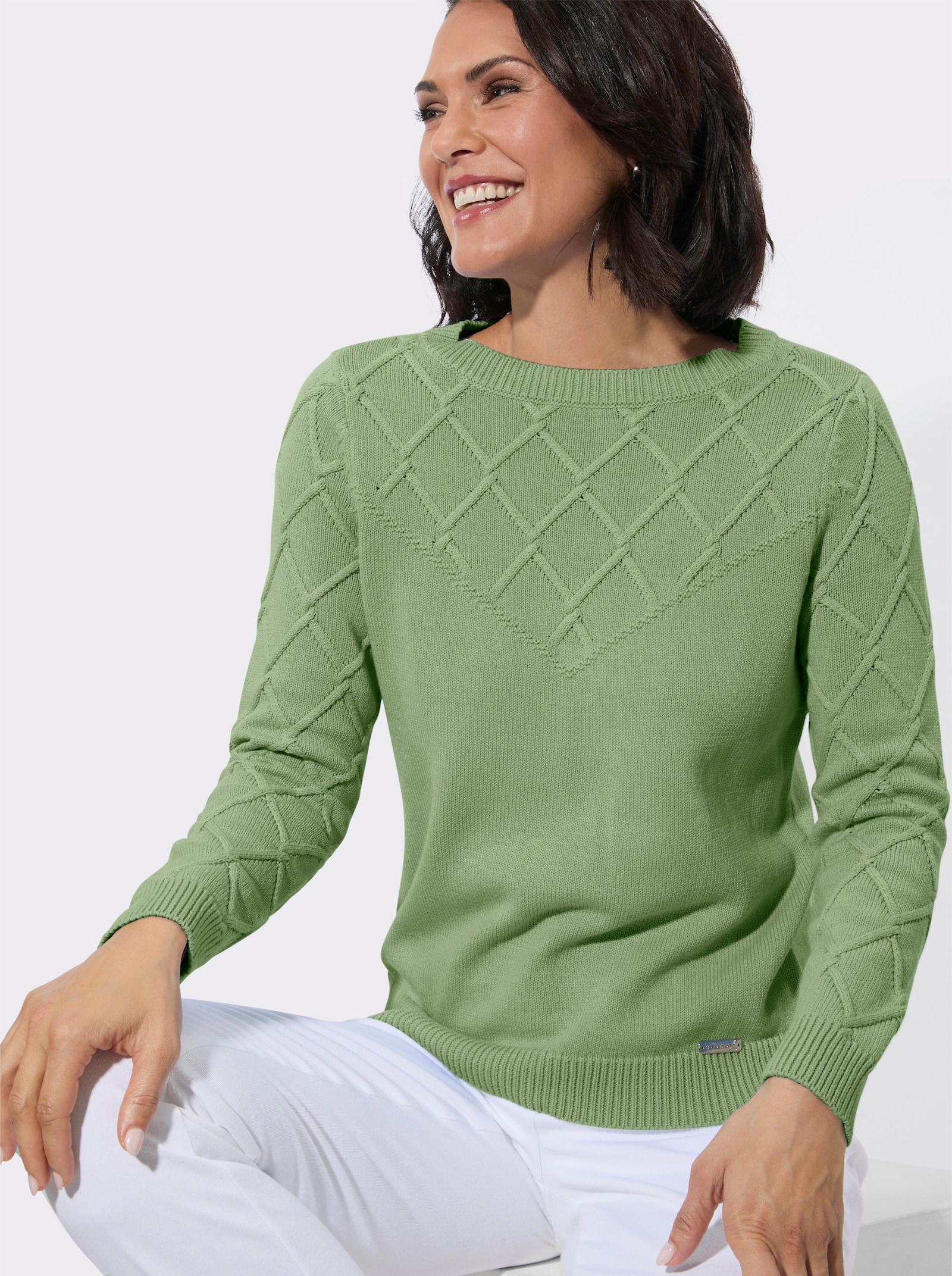 Baumwollpullover mit Rautenmuster - eucalyptus